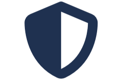 A dark navy blue shield icon with a vertical split design, symbolizing security and trust, displayed on a white background.