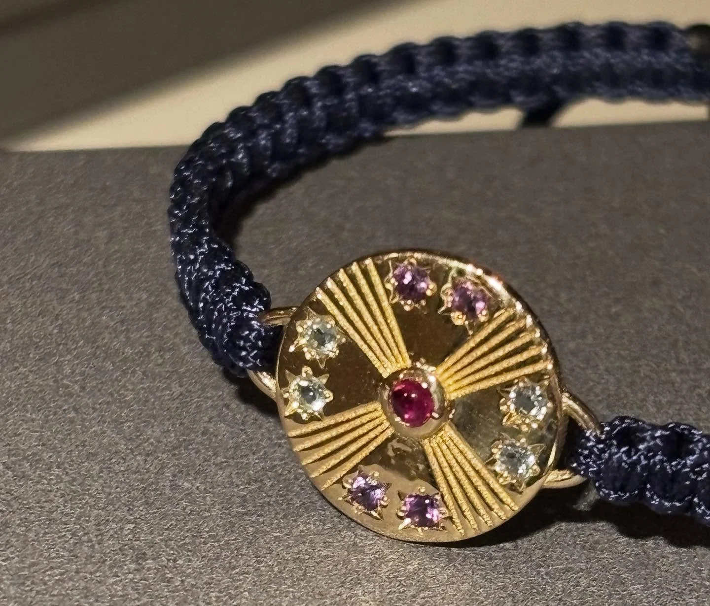 Keep your family close. Mini birthstone disc bracelet with ruby, aqua and amethyst &hearts;️🩵💜