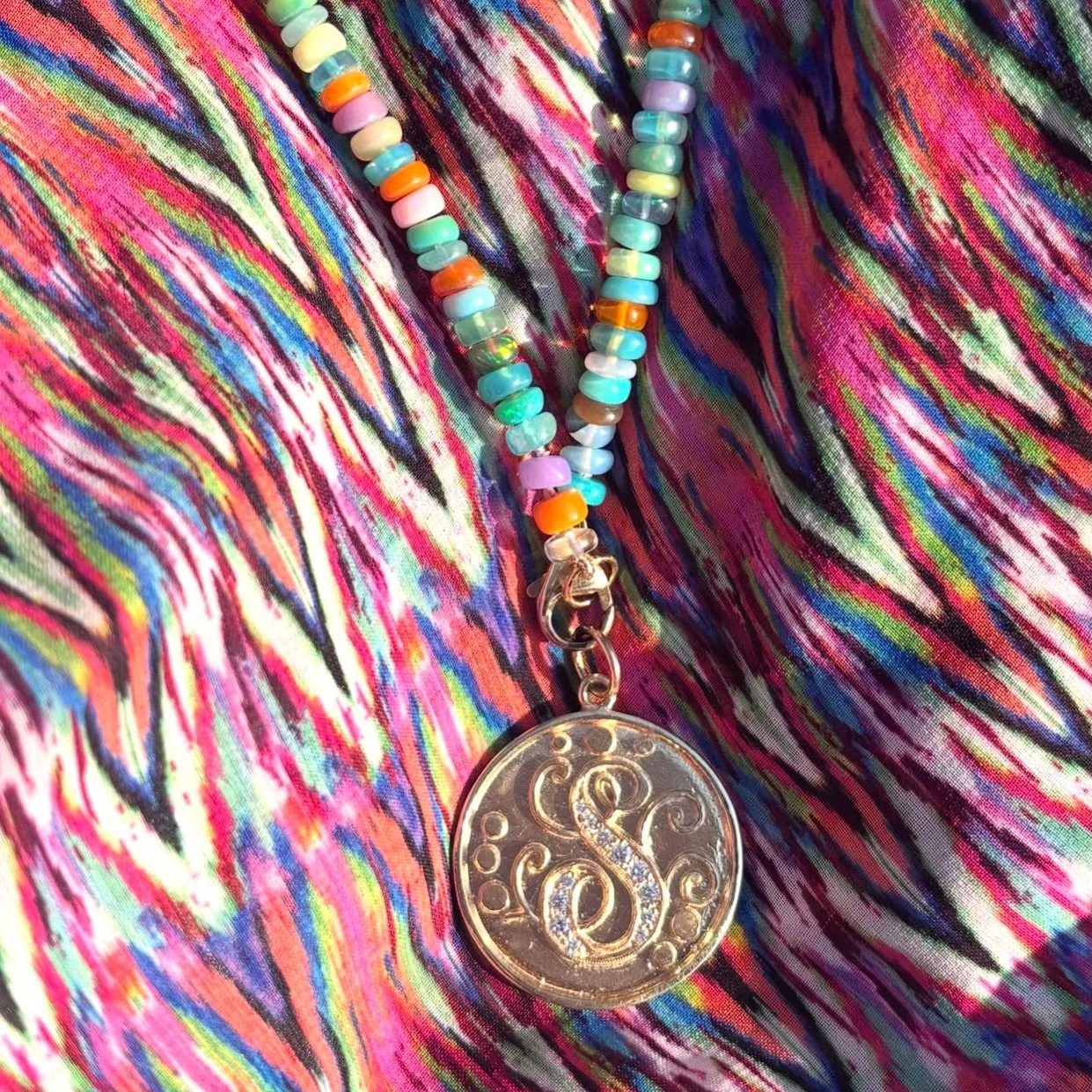 Color me beautiful: Vintage initial with opal bead necklace 💜💙💚💛🧡&hearts;️