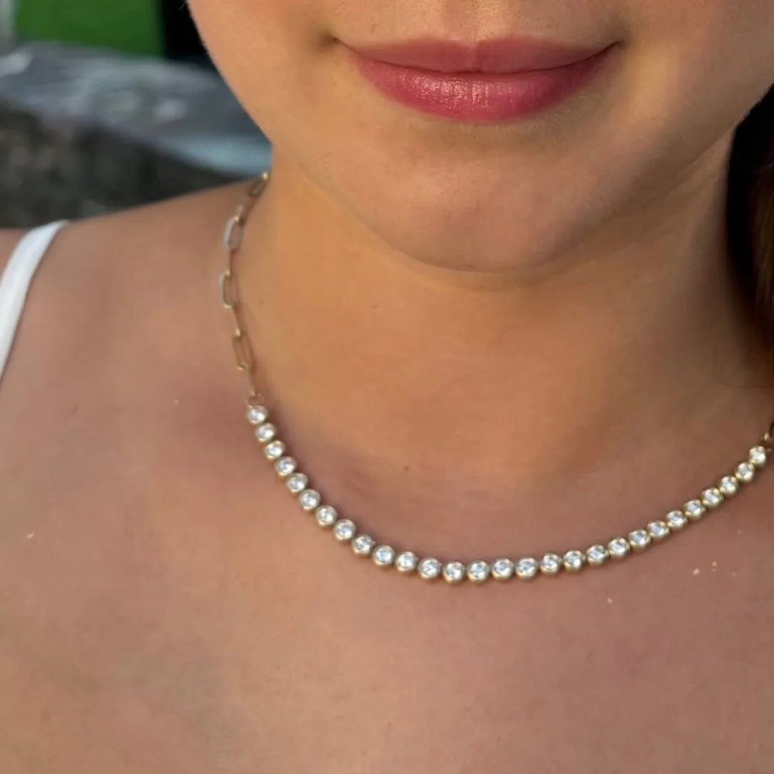 Favorite find! Our Madison tennis necklace - half bezel set diamonds &amp; half handmade paperclip chain. Available with lab diamonds or natural.