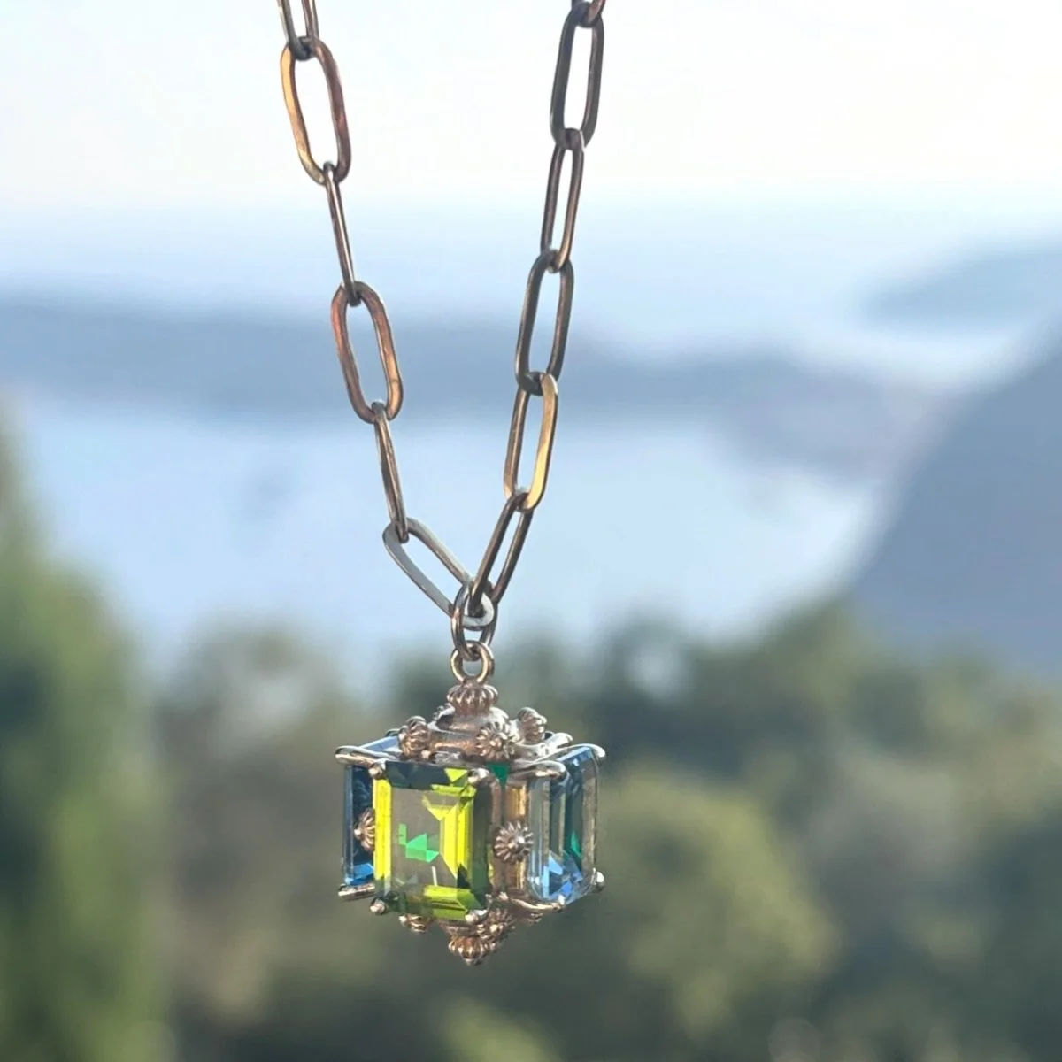 Our all time favorite: the 4-stone FOB with custom stones. 🩵💙💚