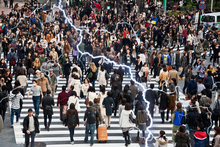 Illustration över hur man måste röra sig i en folkmassa - snabbt som blixten.