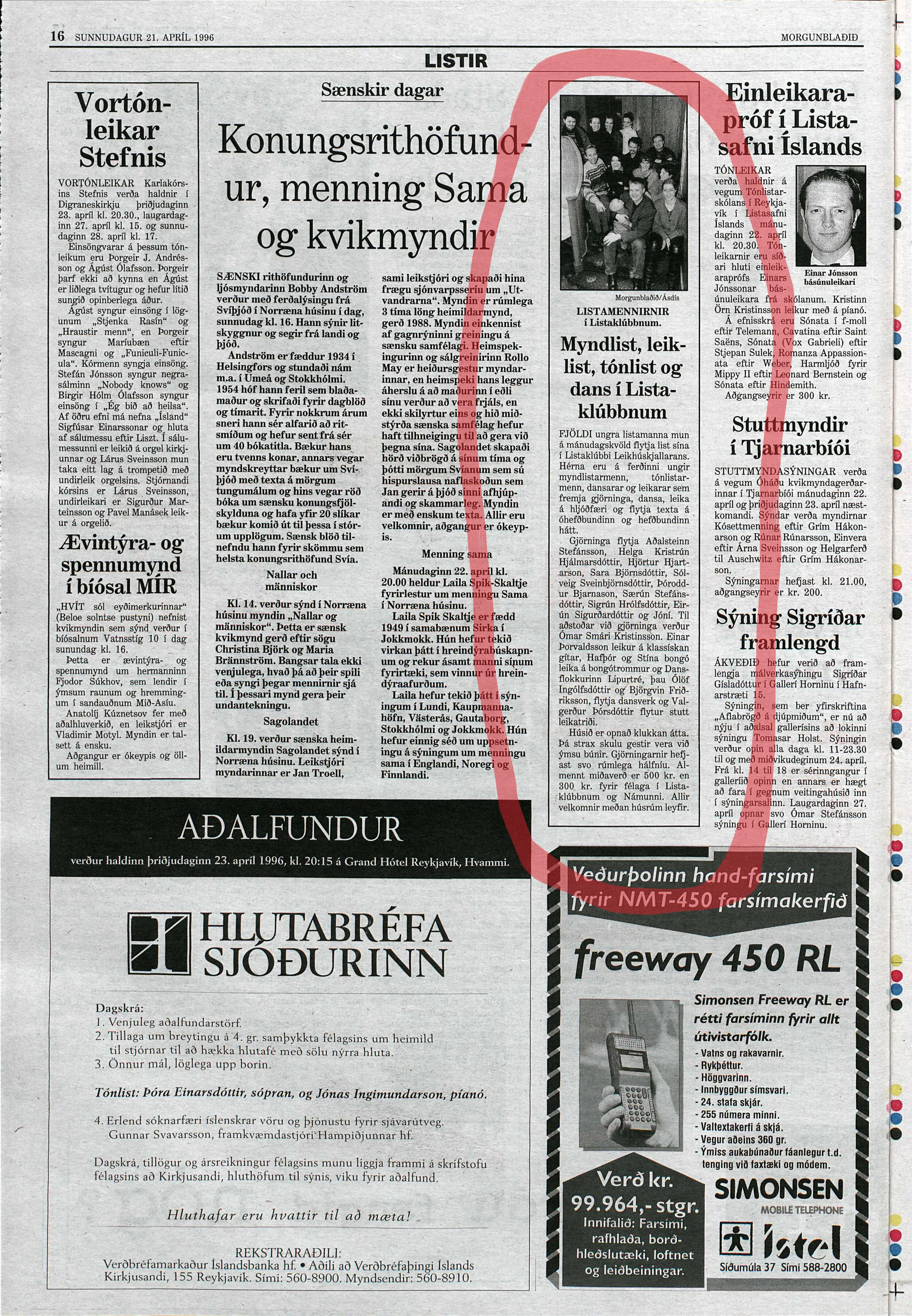  Newspaper clipping / Úrklippa, Morgunblaðið, 21. apríl 1996 