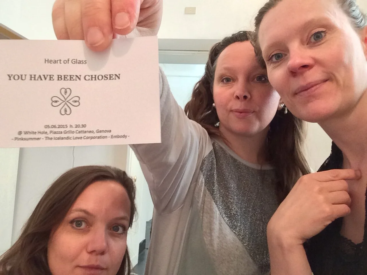  ILC: Sigrún, Eirún and Jóní preparing for the premiere of the performance Heart of Glass. These cards were handed over to special guests at the opening of, Embody, Pinksummer Contemporary Art, Genova, Italy, 2015 
