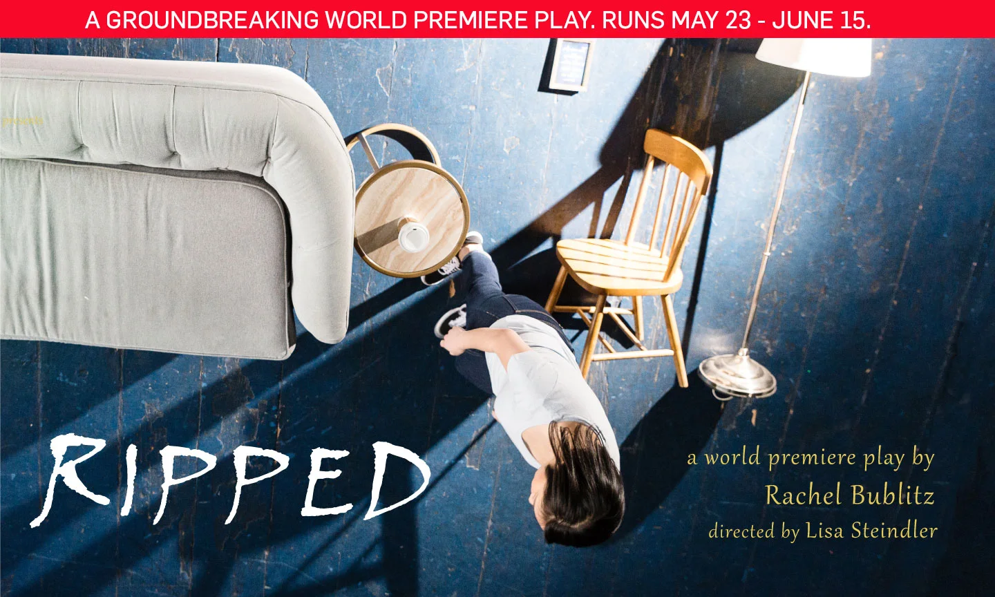 Postcard for RIPPED shows overhead shot of a person with long, dark hair next to a gray sofa , sifde table, overturned wooden dining chair and overturned lamp.