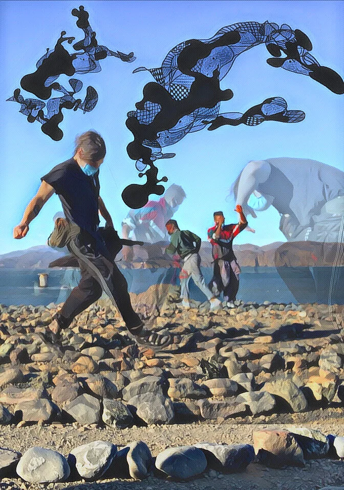 With the blue bay and mountains behind them, Gabriel, Gabriel, and Jose are in motion above a field of stones.