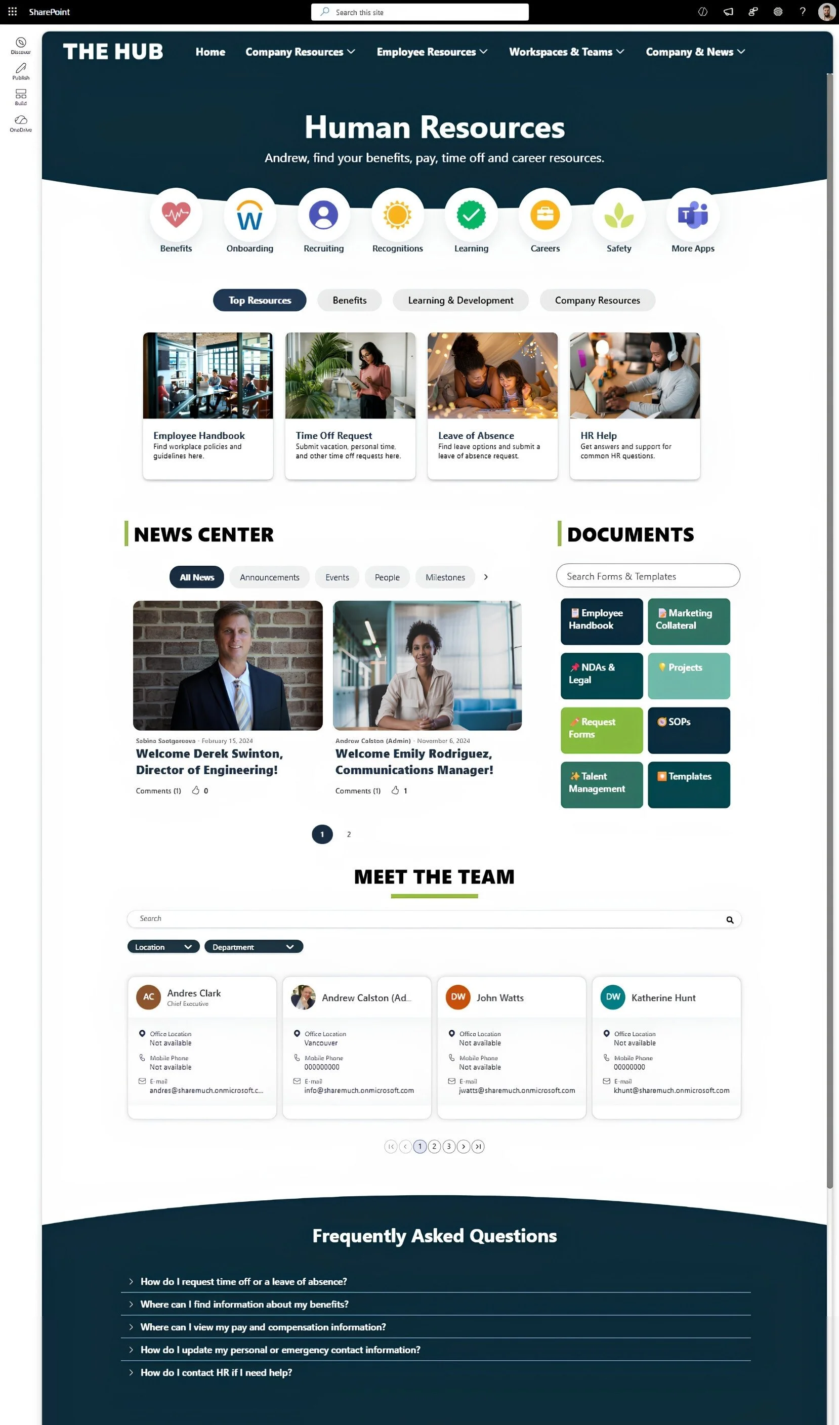 SharePoint HR intranet page enhanced with Origami web parts and navigation