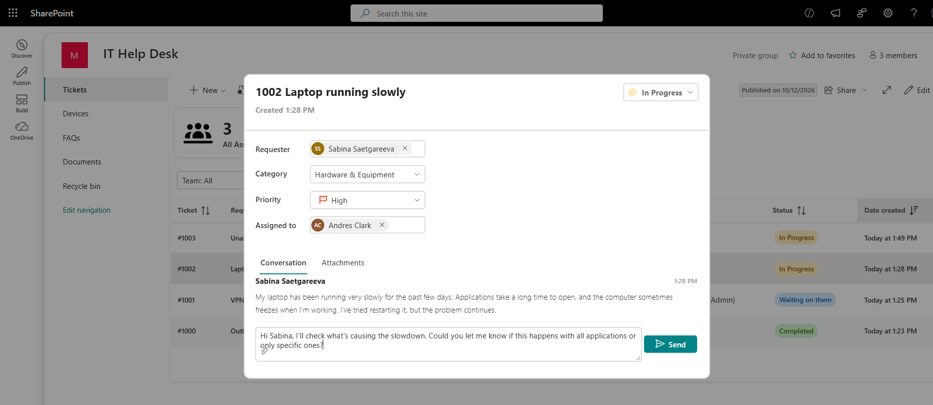 SharePoint help desk ticket management form with assignee, priority, status, and support team conversation
