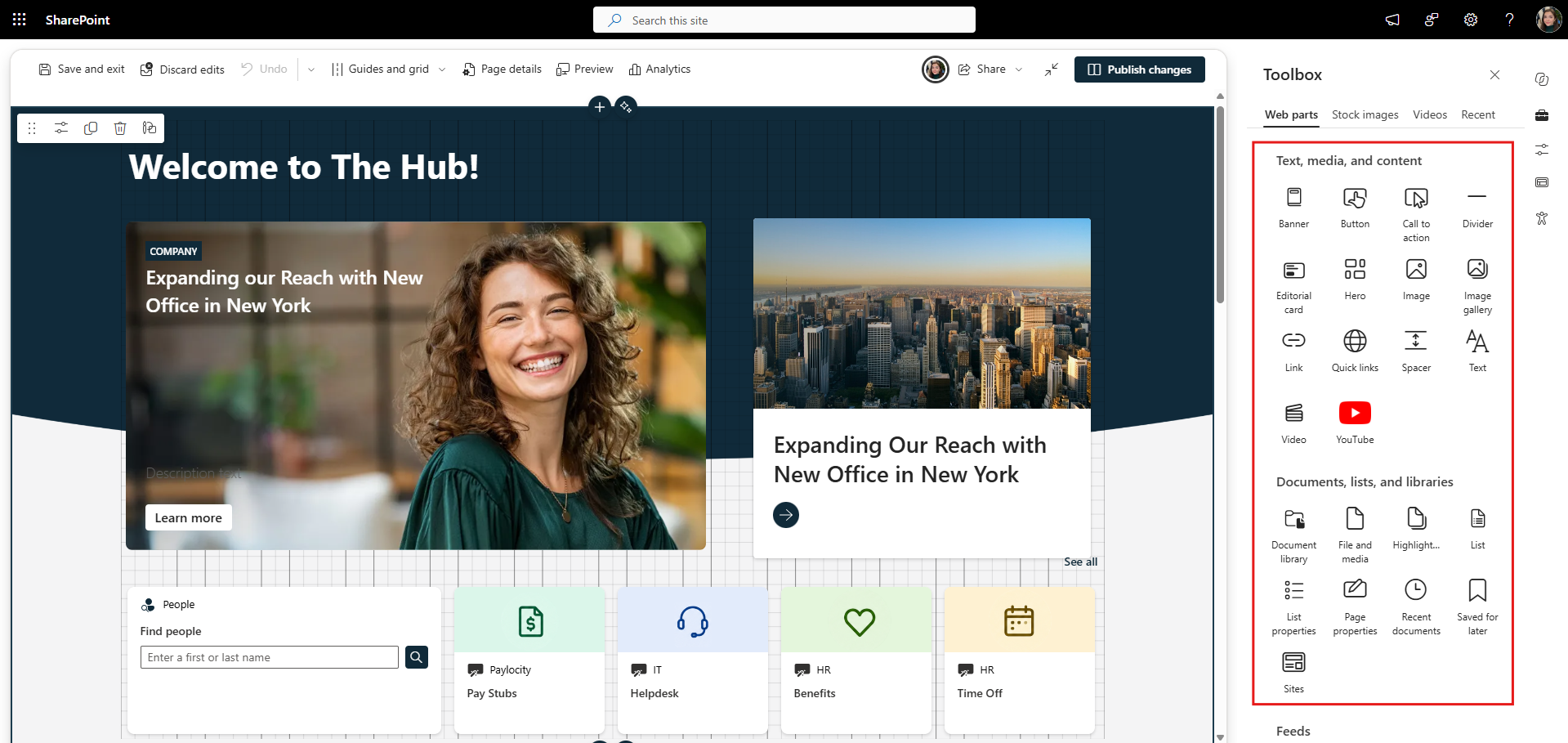 Adding web parts to a SharePoint intranet homepage