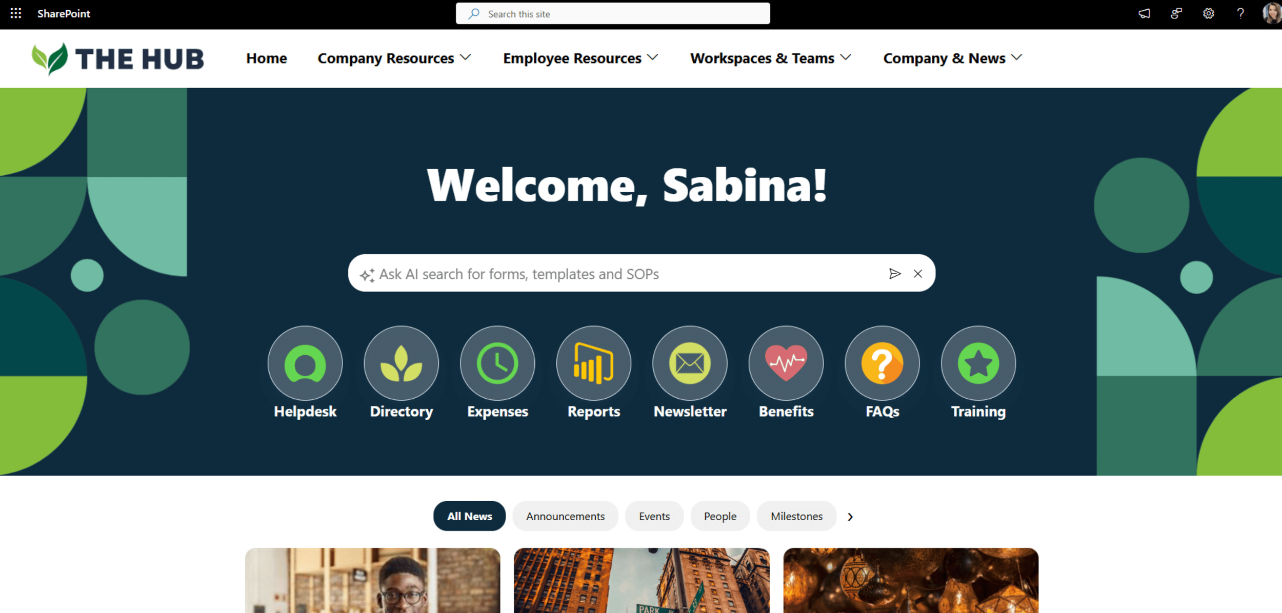 Example of an AI search bar on an intranet homepage