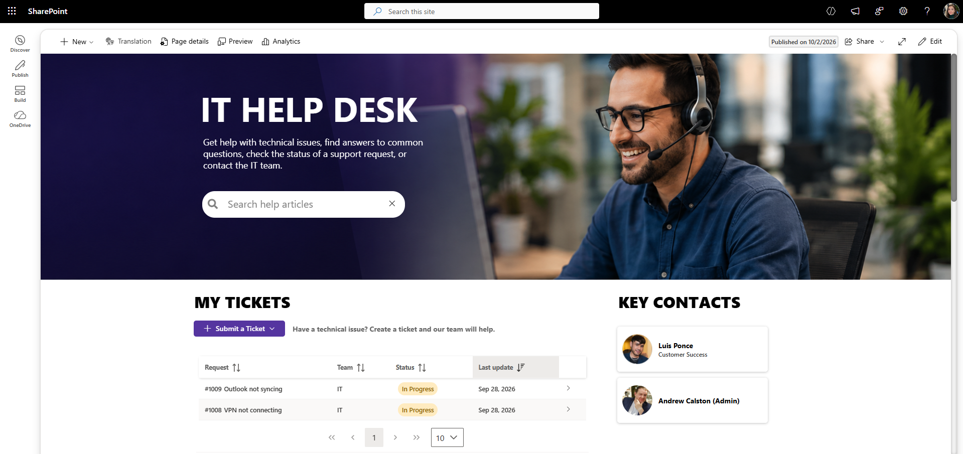 Example of IT Help Desk page where employees can submit their tickets and see track their status