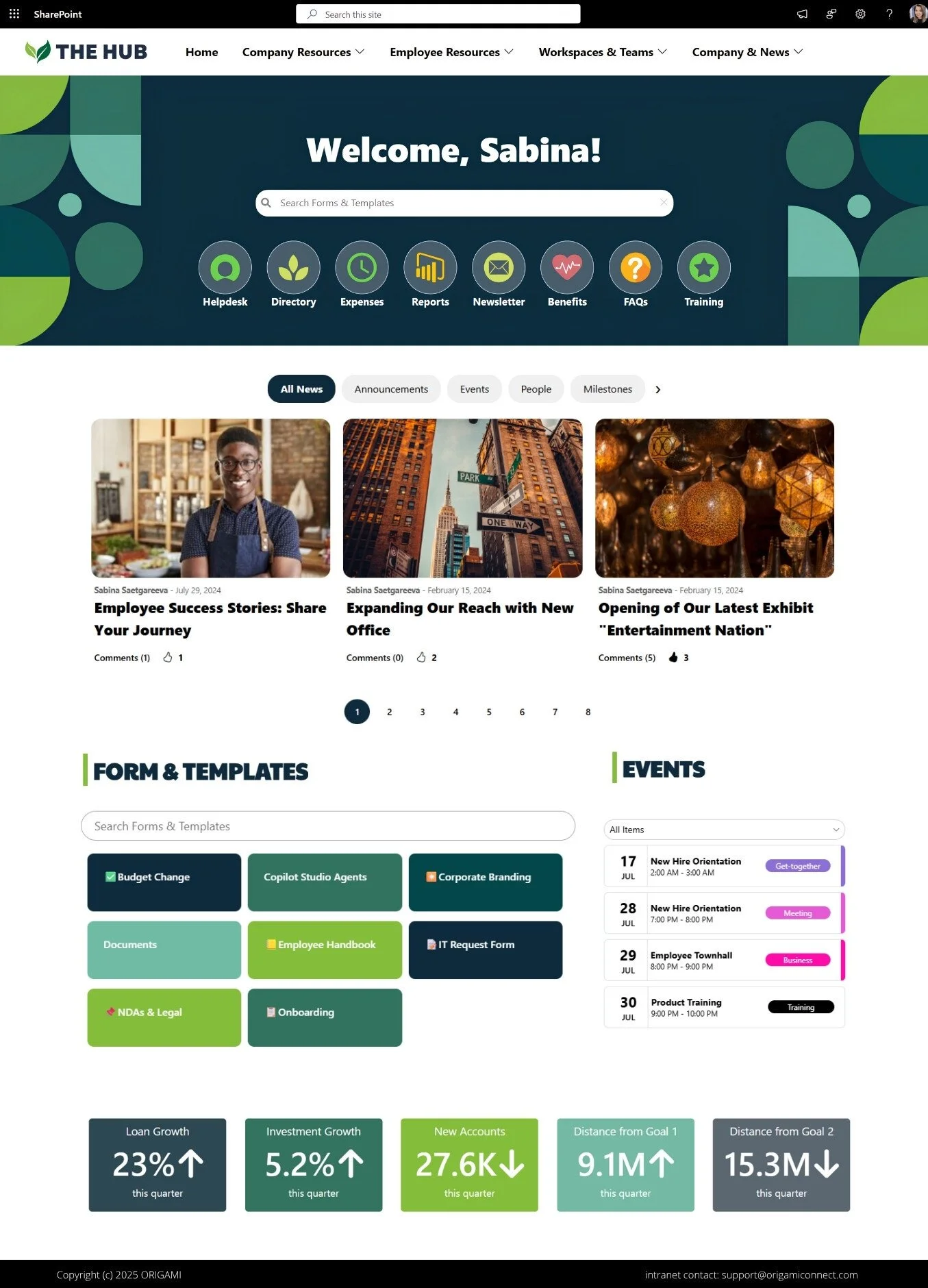 SharePoint intranet homepage enhanced with Origami web parts for search, news, resources, events, and metrics