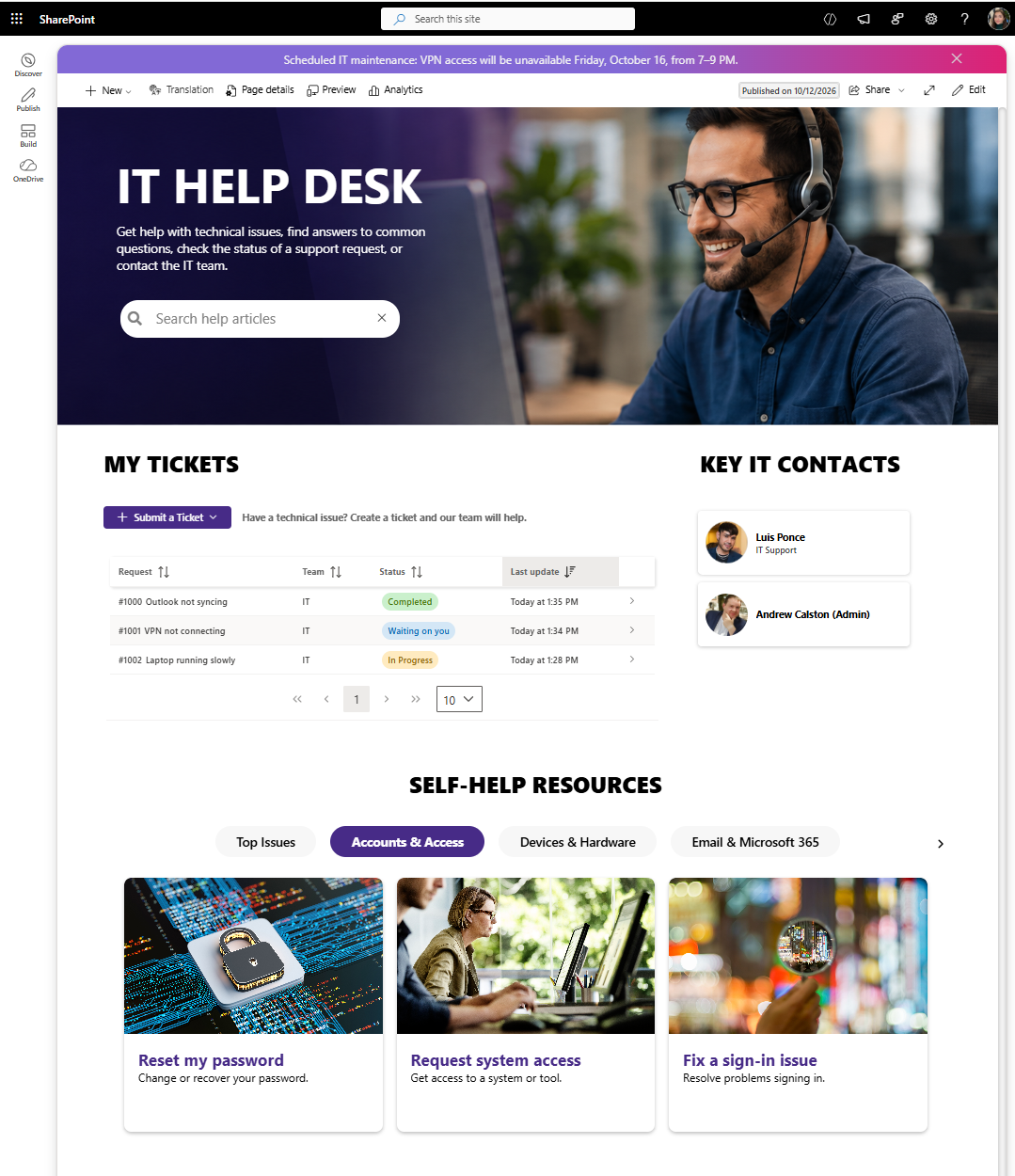 SharePoint IT help desk homepage with support ticket tracking, self-help resources, and IT contacts