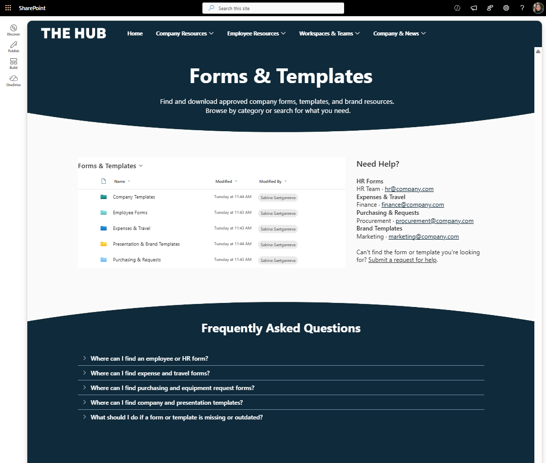 SharePoint intranet Forms and Templates page with document library and frequently asked questions
