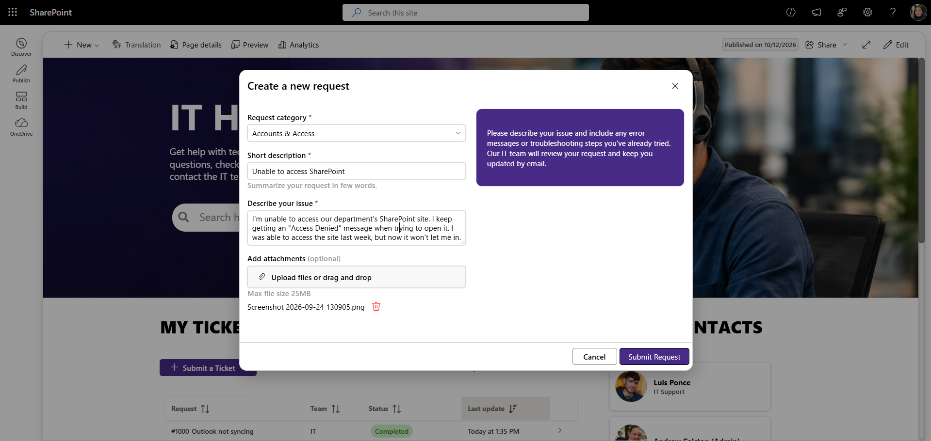 SharePoint help desk ticket submission form with request categories, issue description, and file attachments