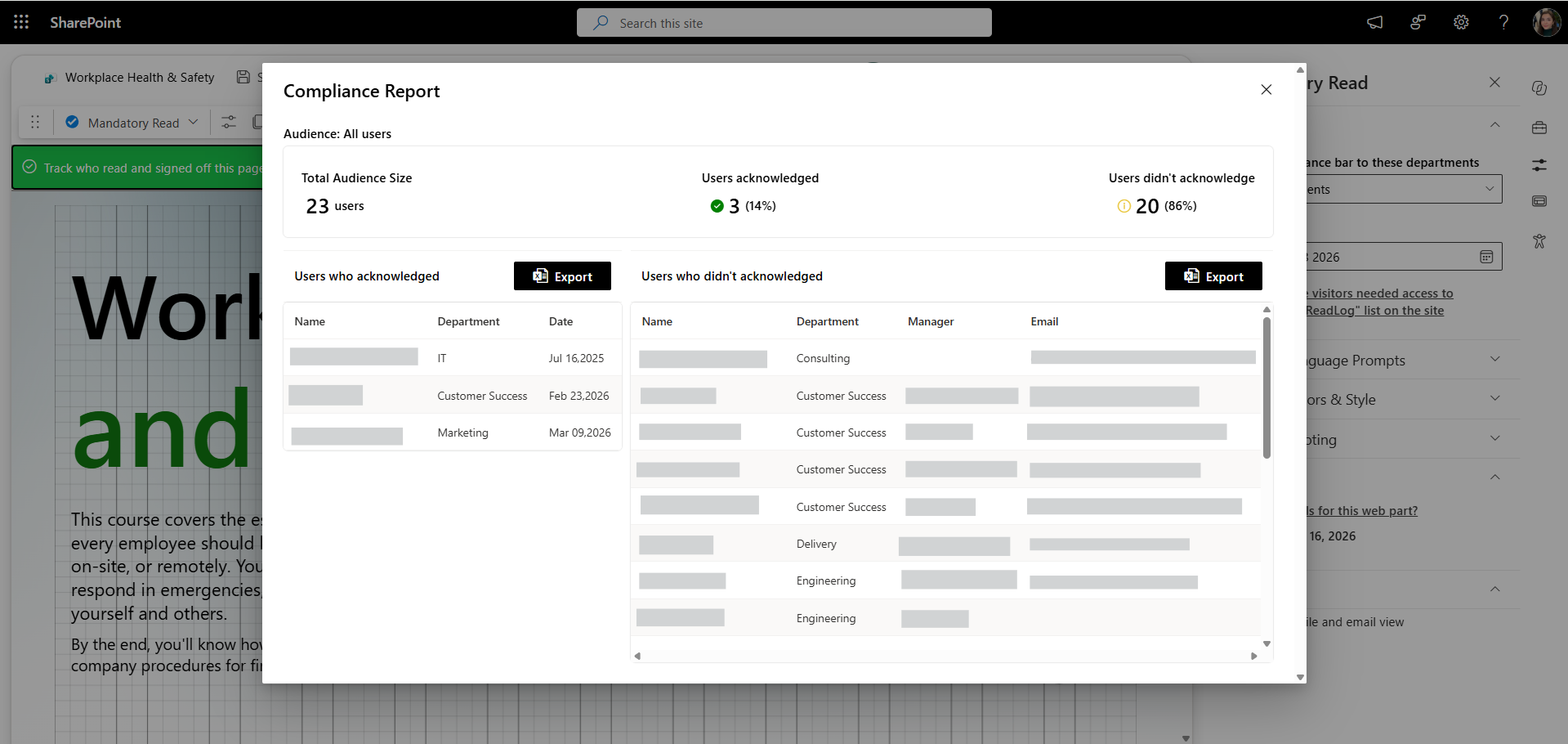 Example of Origami compliance dashboard for SharePoint policy management showing what percentage of employees completed mandatory training in Organization