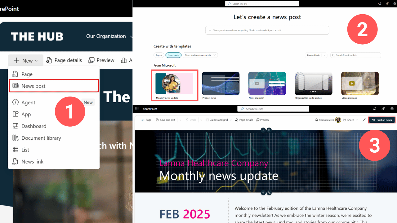 Steps to create and publish a news post on a SharePoint intranet