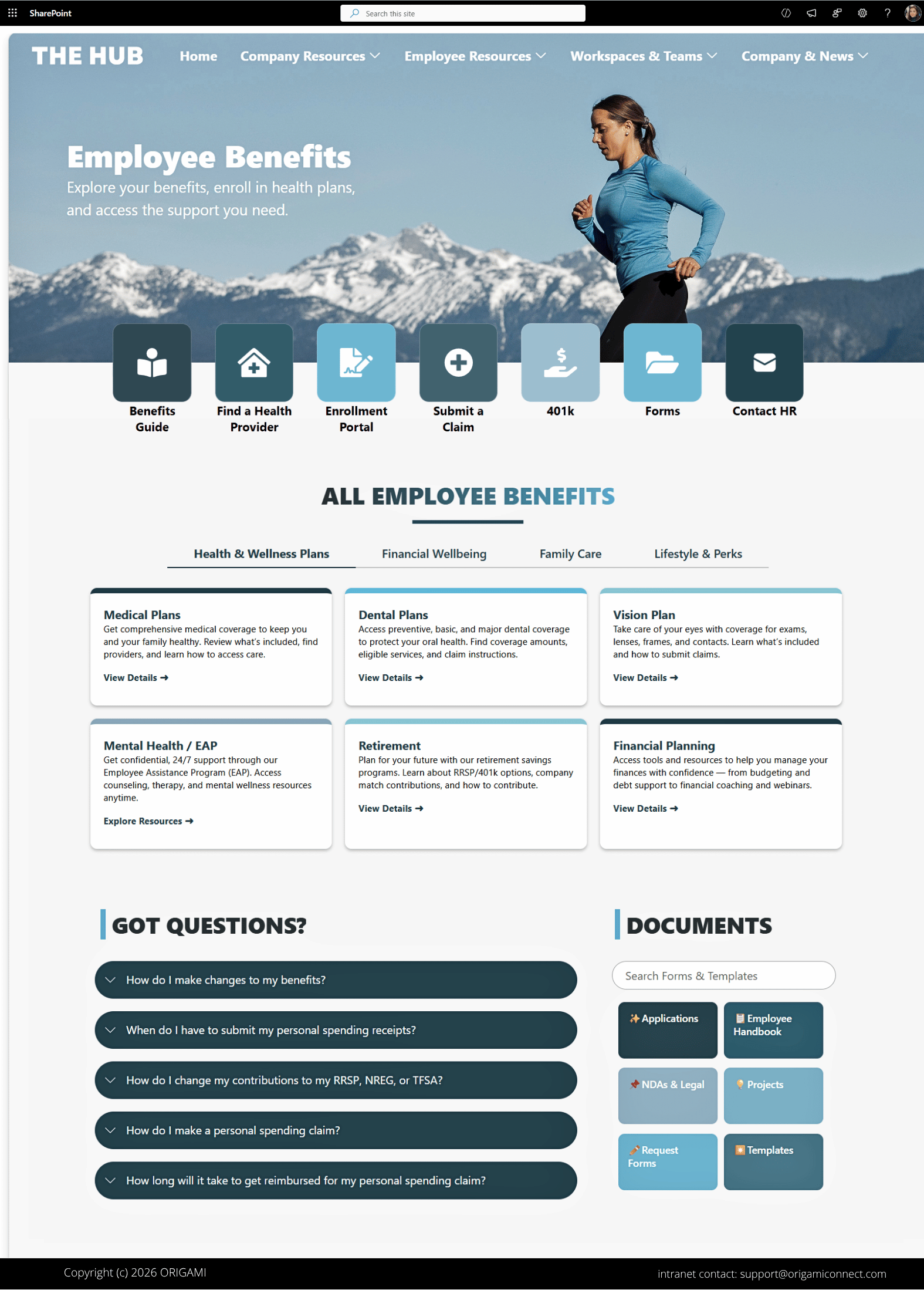 SharePoint HR page with employee benefits, wellness resources, retirement planning, insurance information, and employee self-service tools