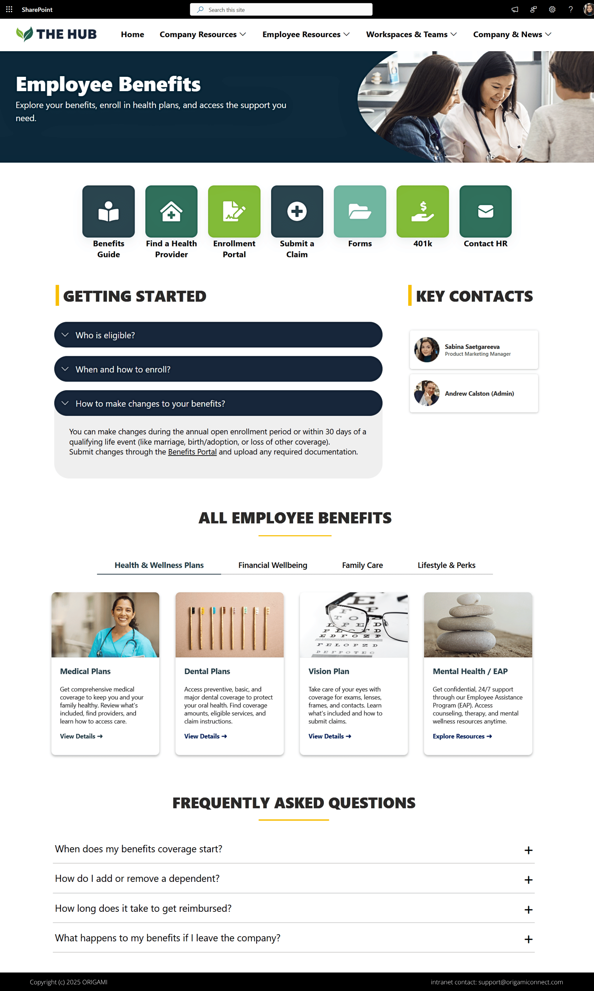 Modern SharePoint employee benefits portal template for Microsoft 365 featuring benefits enrollment, health plans, HR contacts, FAQs, forms, claims, wellness programs, and employee self-service resources in SharePoint Online.