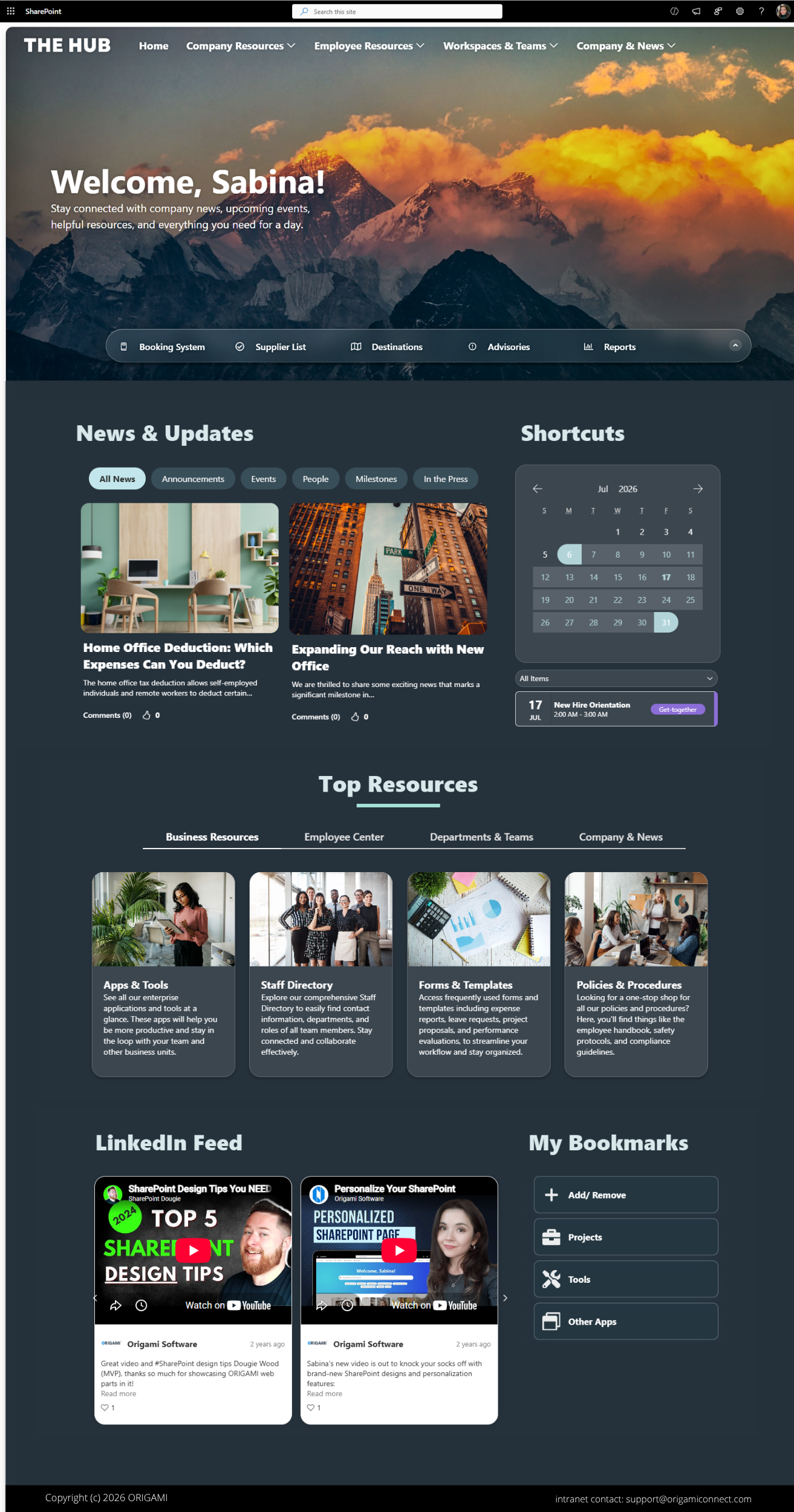 SharePoint intranet homepage template with dark mode glassmorphism design, company news, LinkedIn feed, quick links, and events calendar