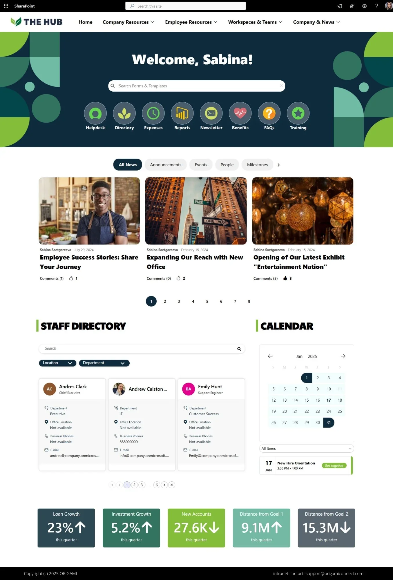 SharePoint communications site with scoped search bar, employee directory, color-coded calendar, dynamic news feed, and KPI dashboards.