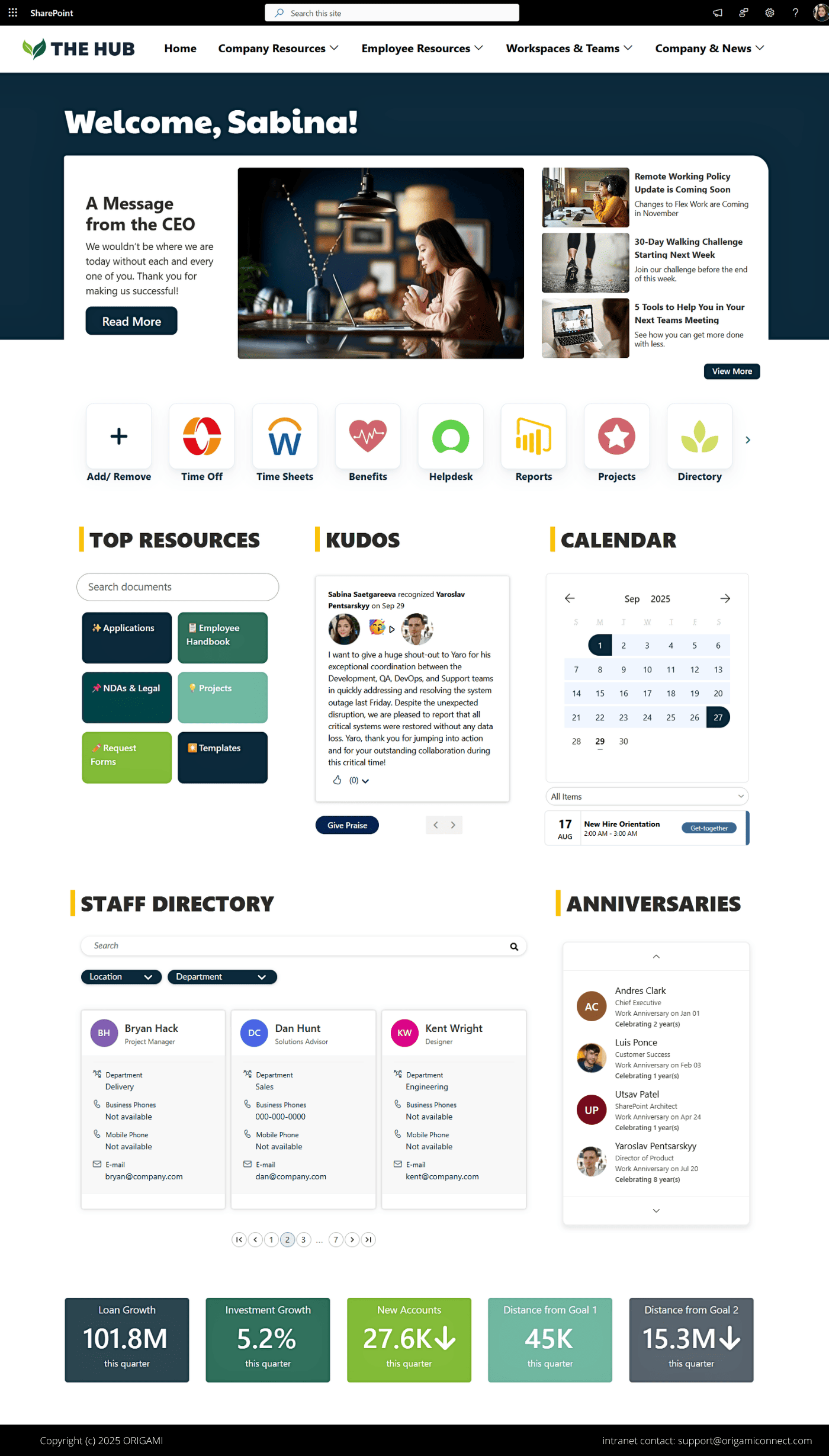 Modern SharePoint intranet homepage template with personalized welcome banner, company news, quick links,employee resources, staff directory, events calendar, employee recognition, anniversaries, and KPI dashboards.