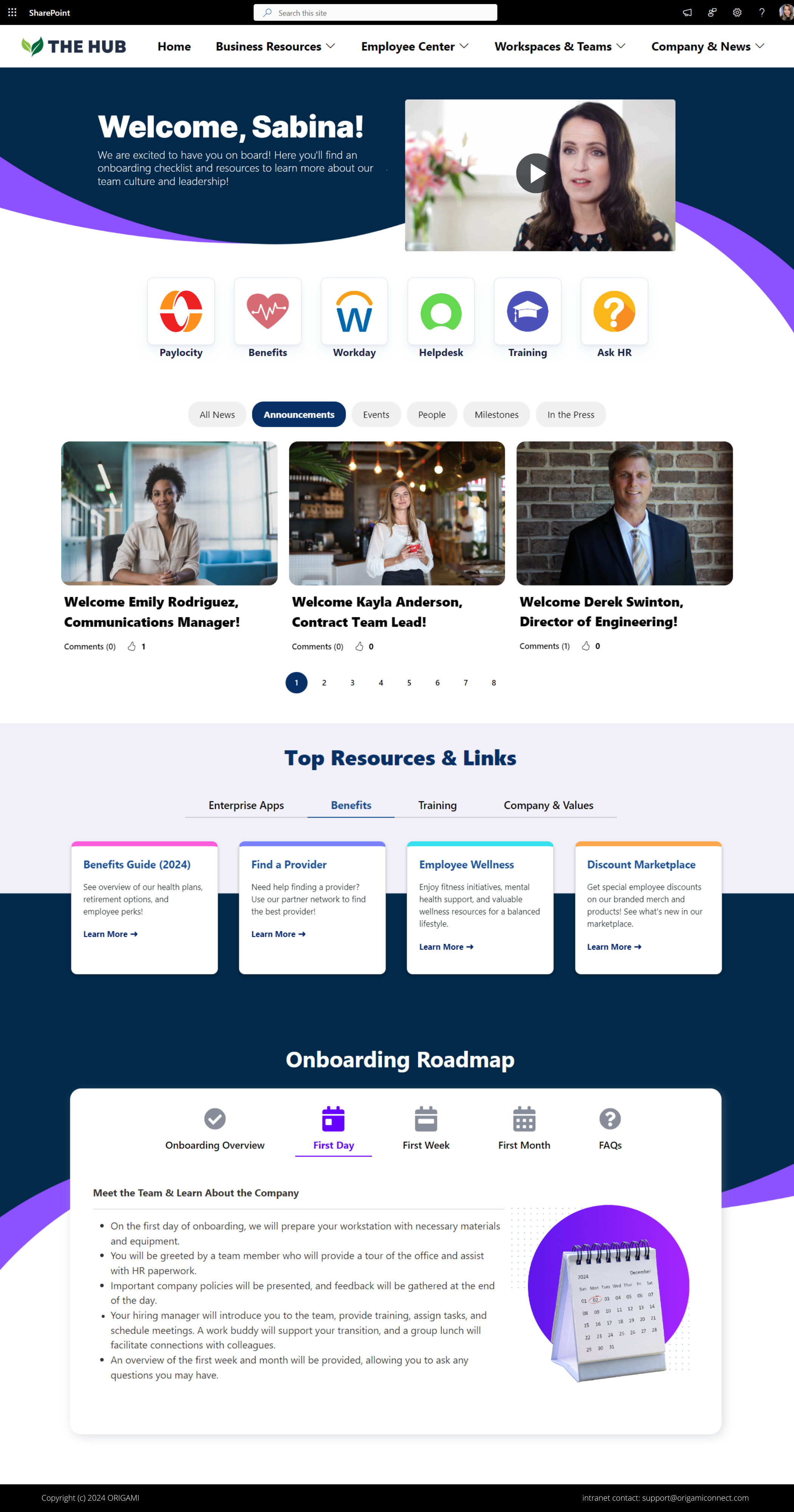 SharePoint new hire onboarding portal with welcome feed, onboarding stages, HR resources, training links, and workplace shortcuts.