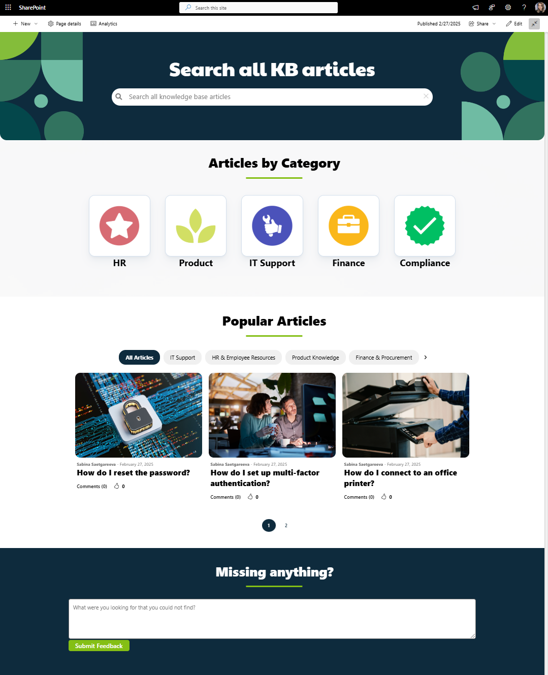 SharePoint knowledge base portal with enterprise search, IT support articles, HR documentation, policy resources, and categorized help content.
