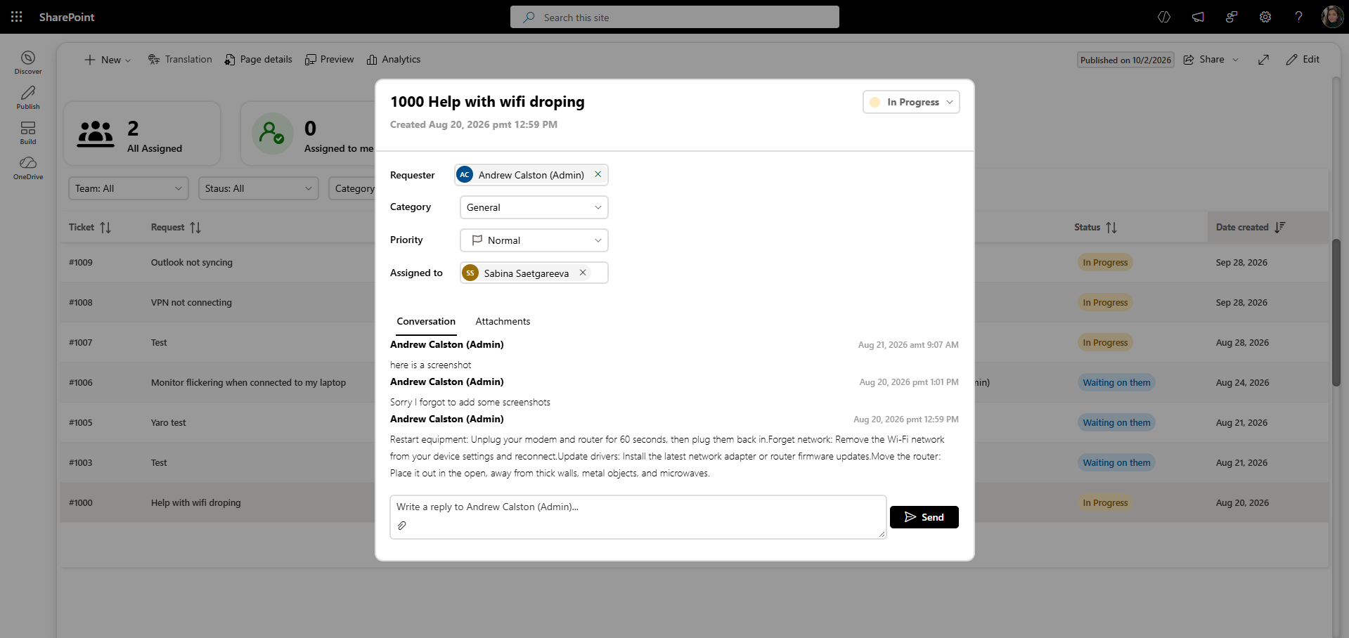 SharePoint help desk ticket information