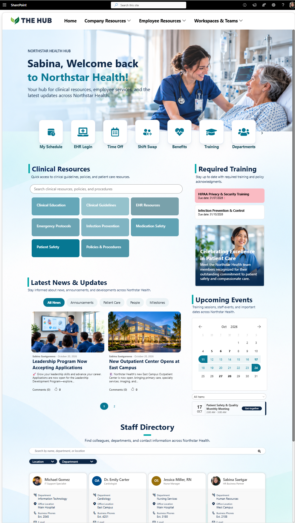 SharePoint intranet page for Northstar Health, featuring clinical resource search, required training trackers, news updates, an events calendar, and a staff directory.