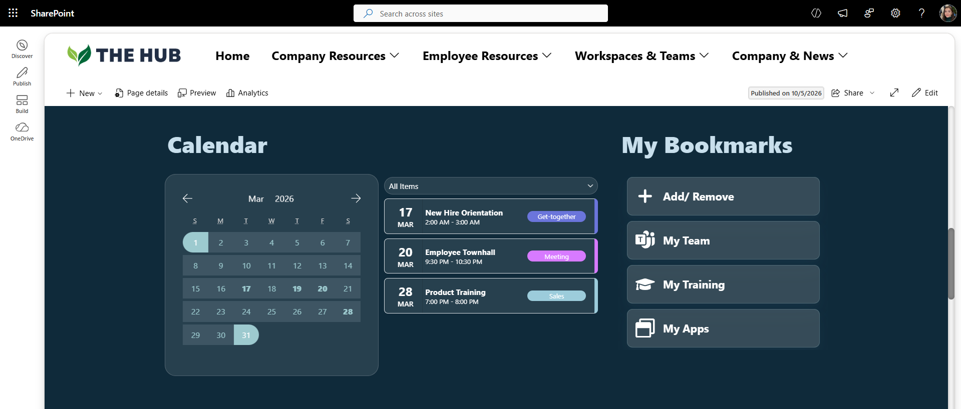 Example of Origami SharePoint calendar web part with color-coded categories in a dark mode