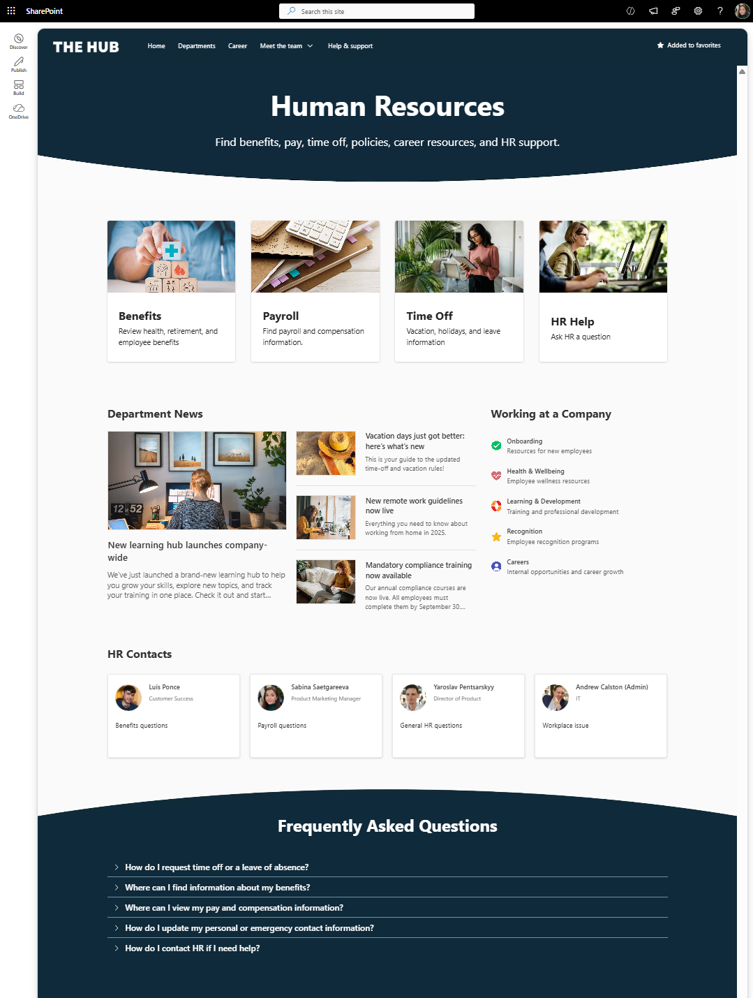 SharePoint HR intranet page with employee resources, department news, contacts, and FAQs