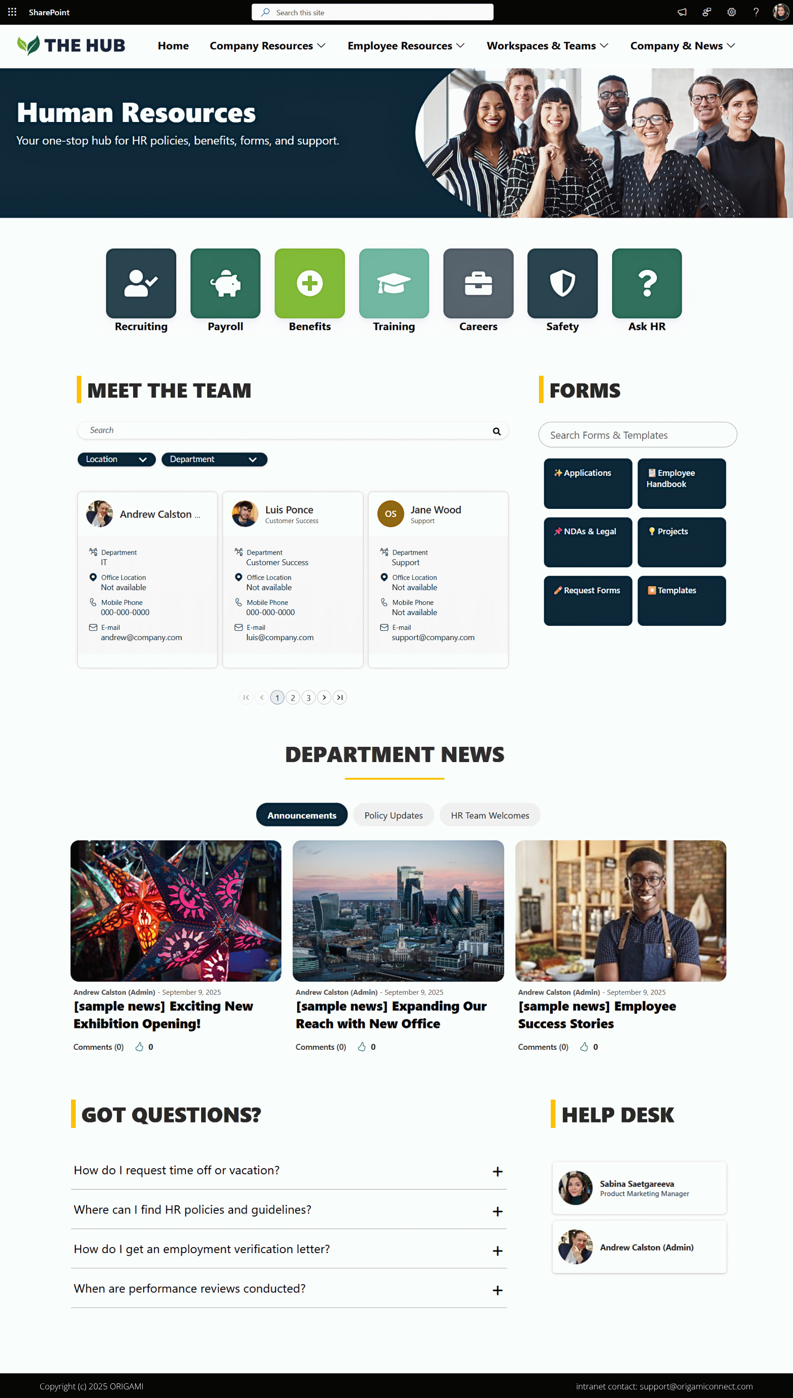 SharePoint department portal with departmental announcements, quick links, document search, training resources, FAQ section, and employee tools.