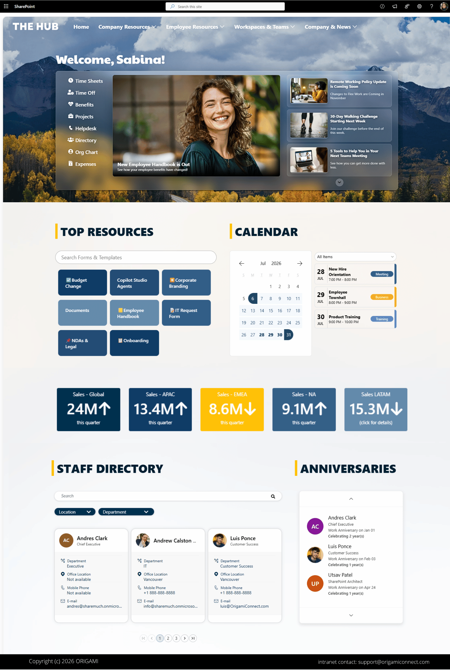 Modern glassmorphism-inspired SharePoint intranet with personalized welcome, company news, employee anniversaries, color-coded calendar, and quick access to company tools and resources.