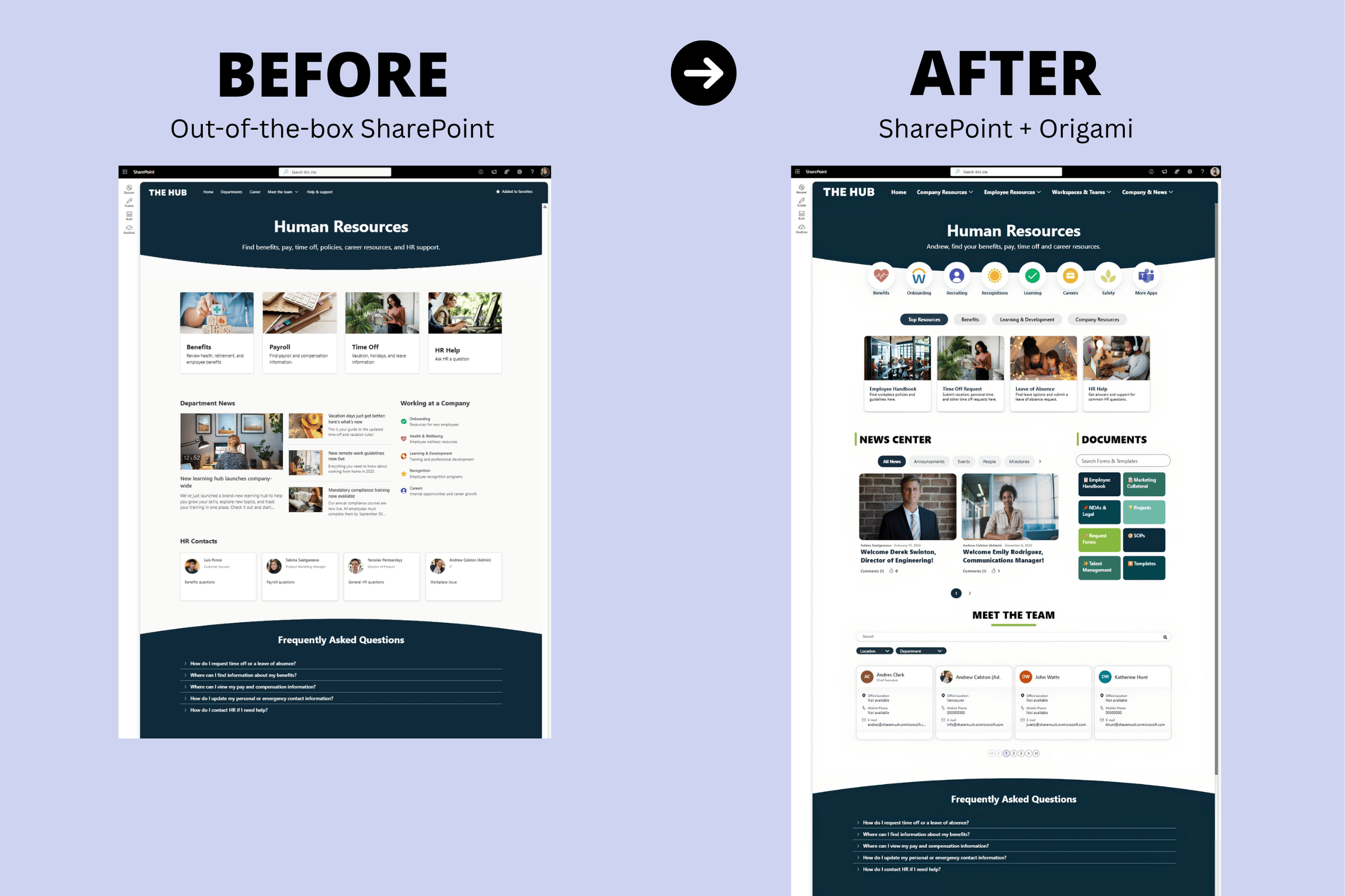 Out-of-the-box SharePoint intranet compared with the same HR page enhanced with Origami web parts