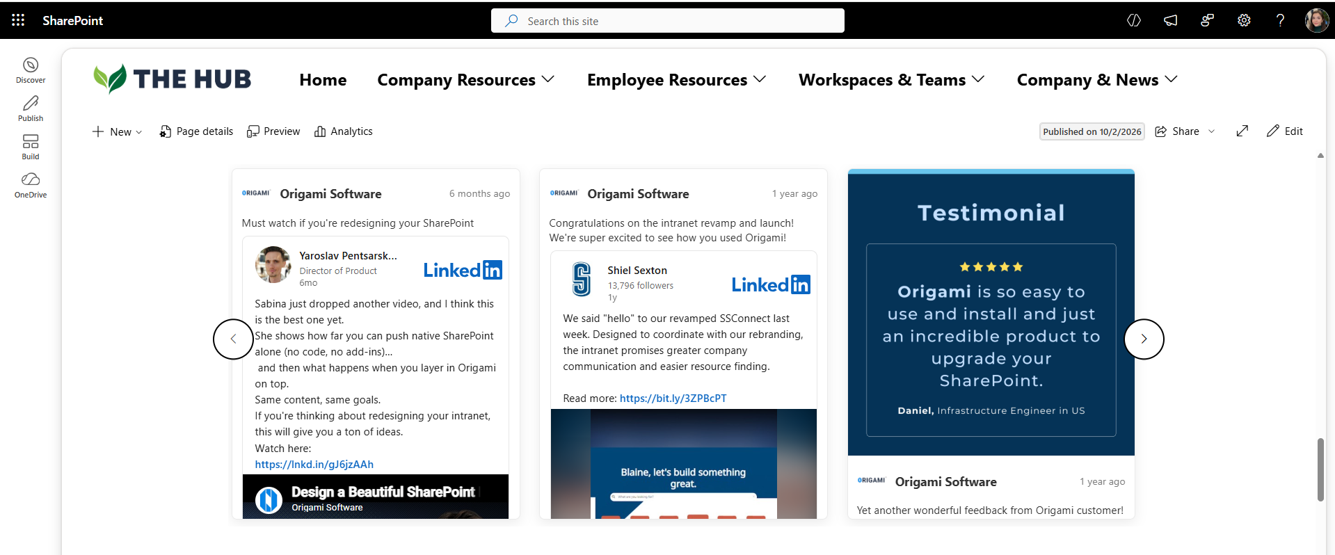 Example of an Origami LinkedIn Web Part on a SharePoint Page