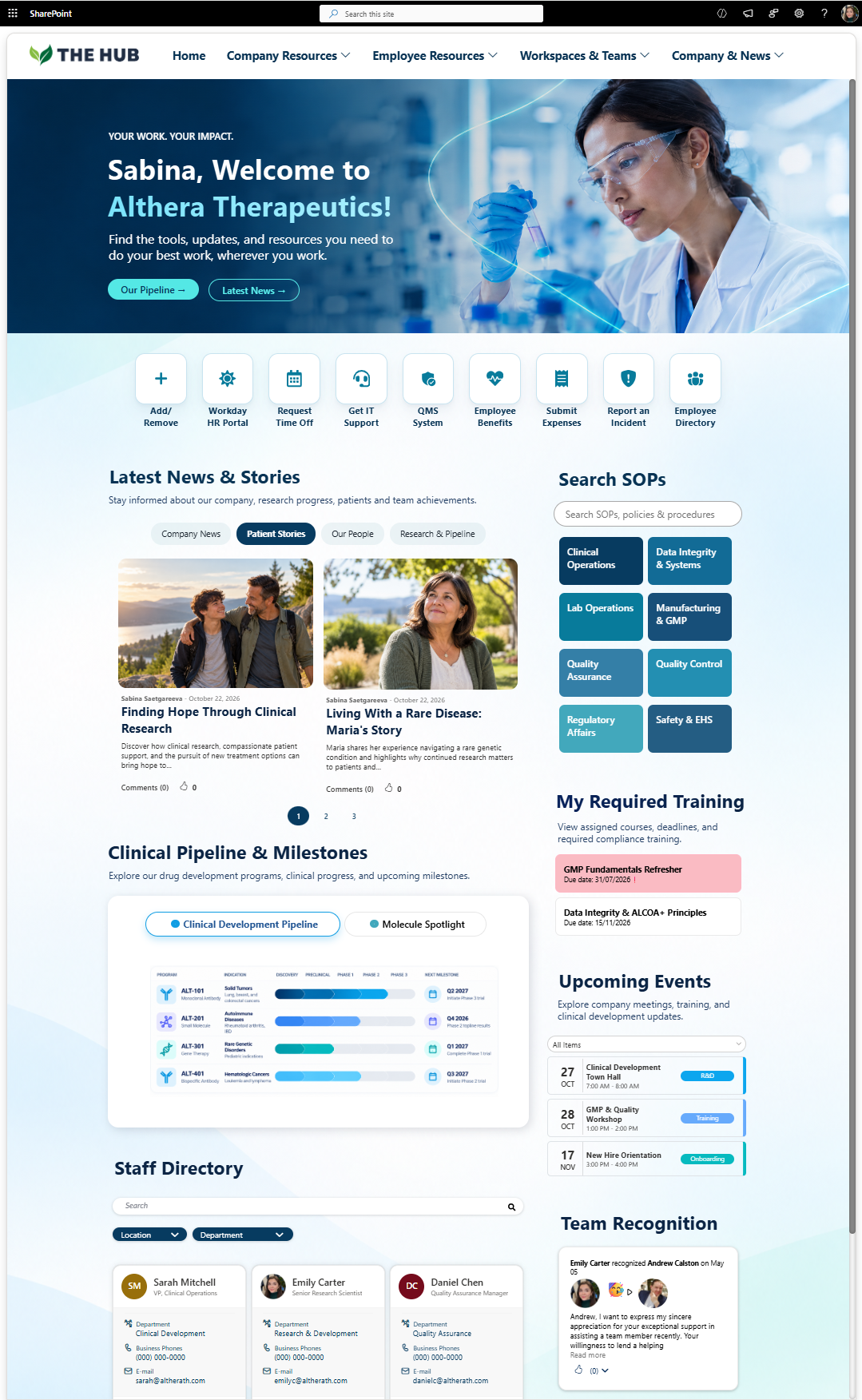 SharePoint intranet page for Biotech, featuring clinical resource search, required training trackers, news updates, an events calendar, and a staff directory.