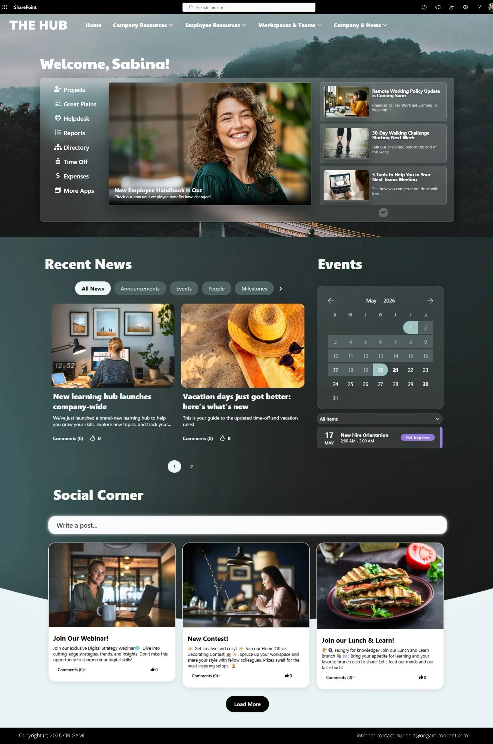 Glass-style SharePoint intranet homepage with transparent layered design, employee news, quick links, event calendar, social feed and workplace resources.