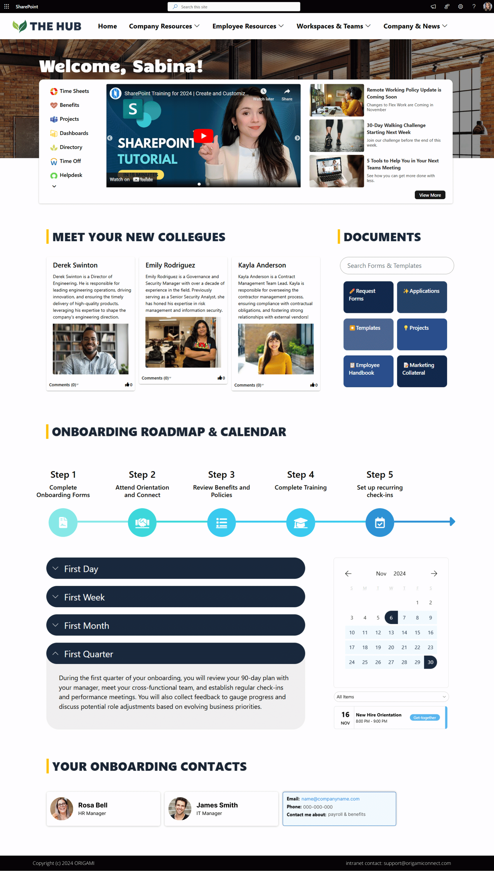 SharePoint onboarding portal with onboarding roadmap, training videos, workplace resources, onboarding calendar, and employee announcements.