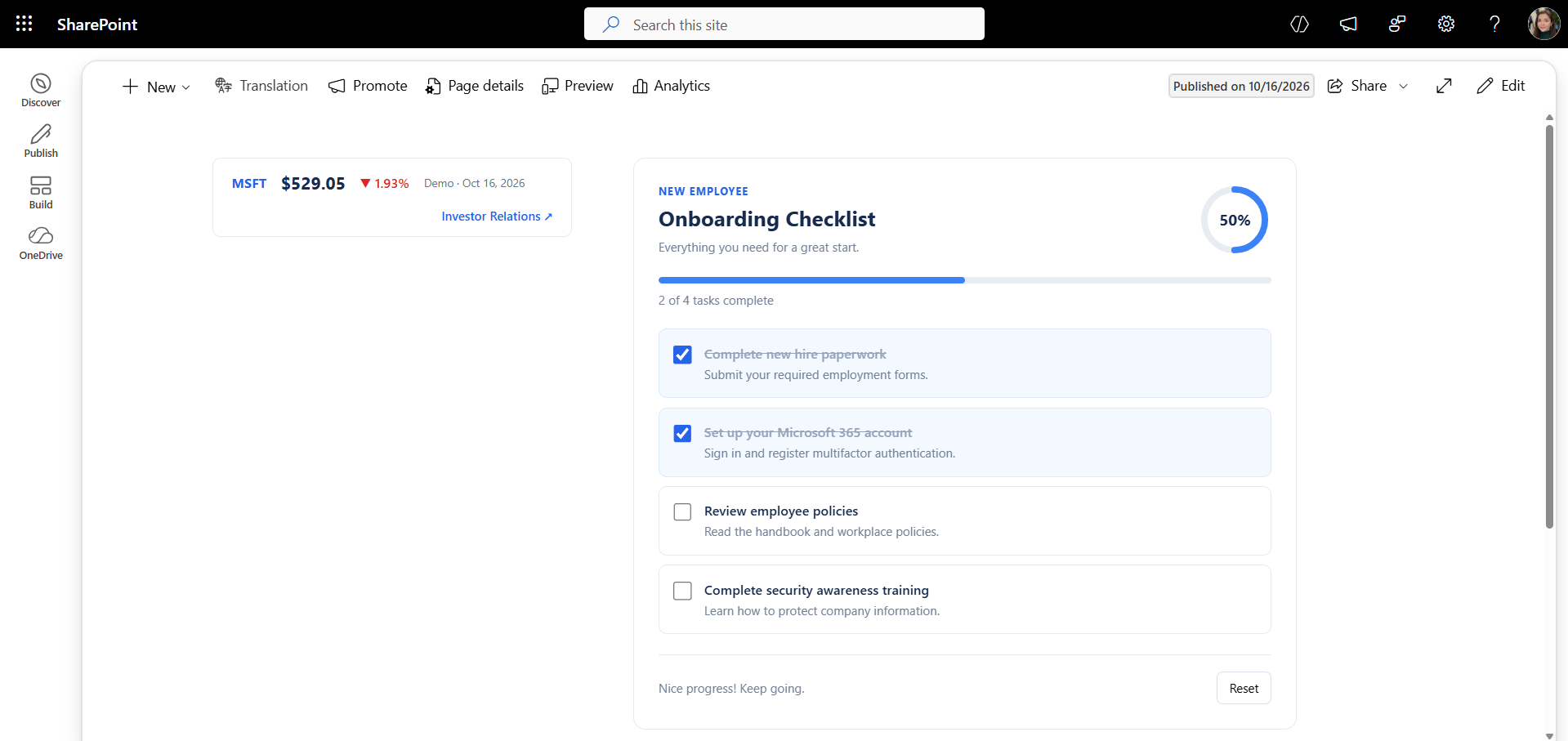 SharePoint Embed Script or Code web part displaying an interactive employee onboarding checklist and stock ticker created with HTML, CSS, and JavaScript.
