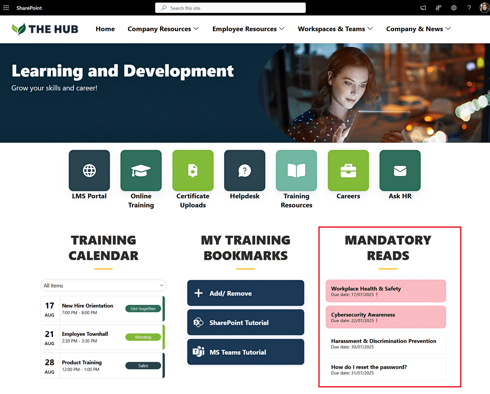 Example of mandatory training reminders on a SharePoint learning site
