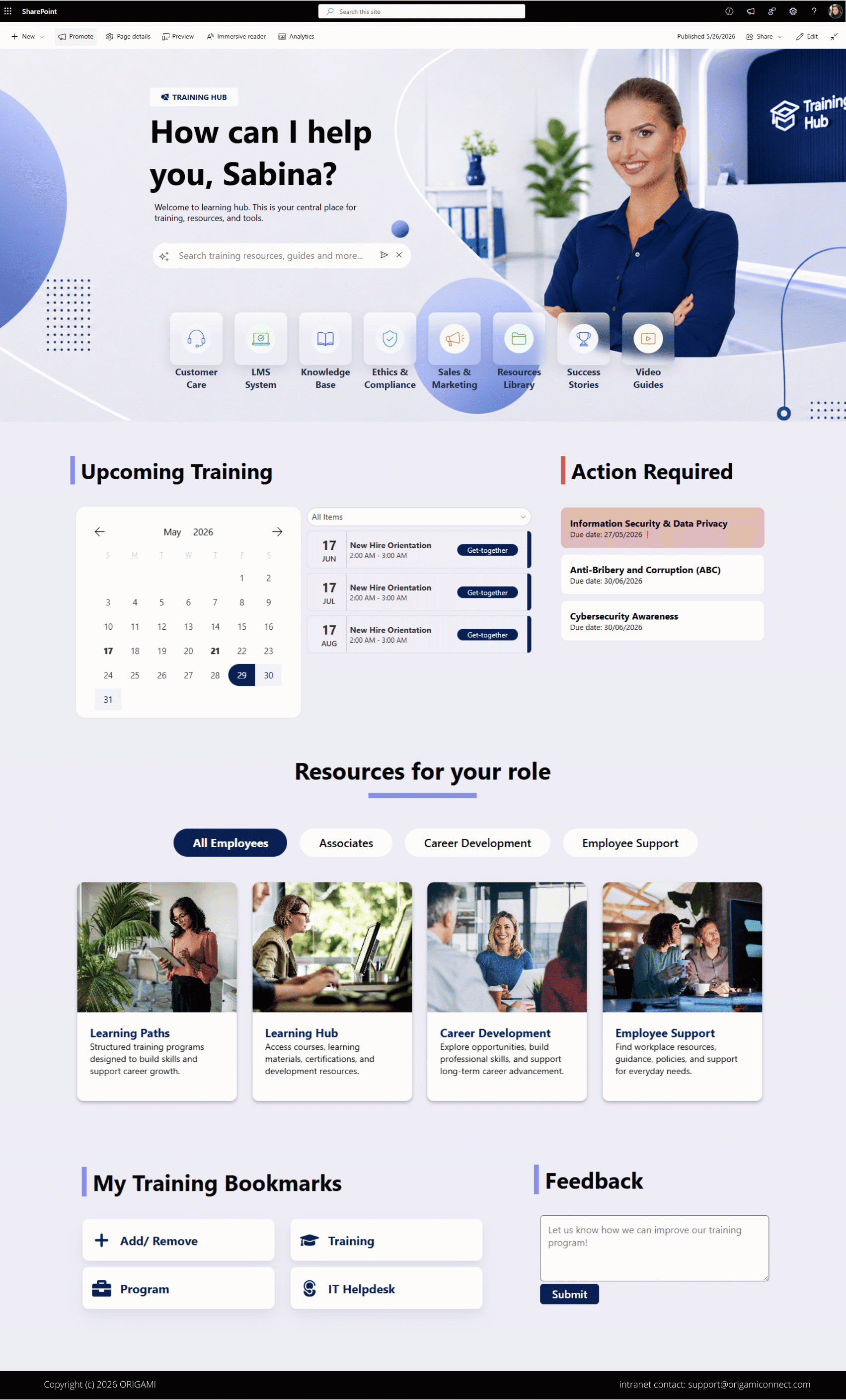 SharePoint training hub template with employee learning resources, compliance tracking, training calendar, role-based content, bookmarks, and feedback form.