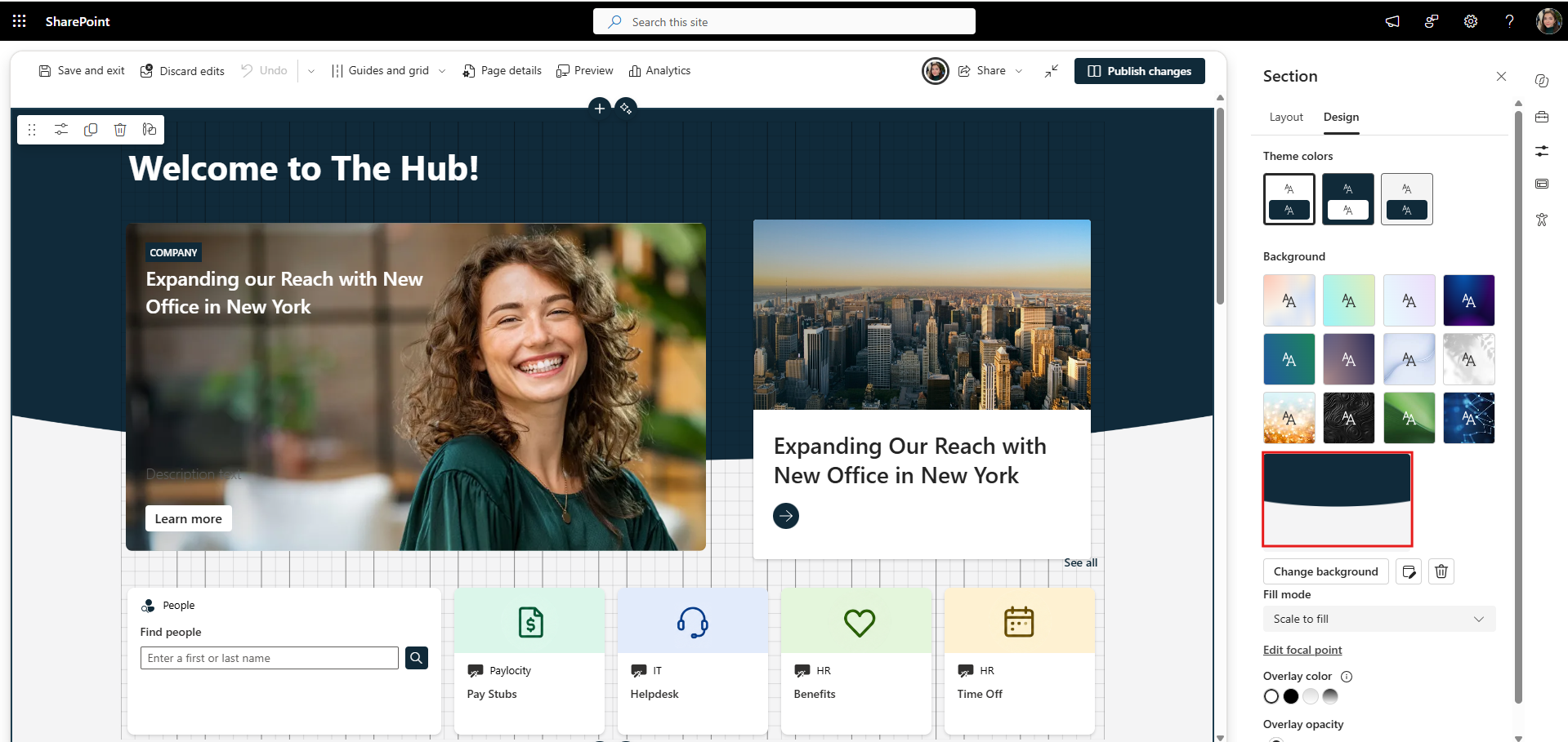 Editing a SharePoint intranet homepage section and adding a background image