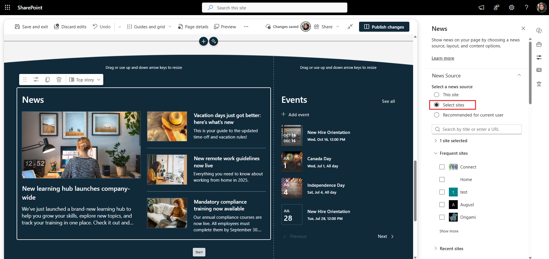 SharePoint News web part configured to display news from multiple intranet sites