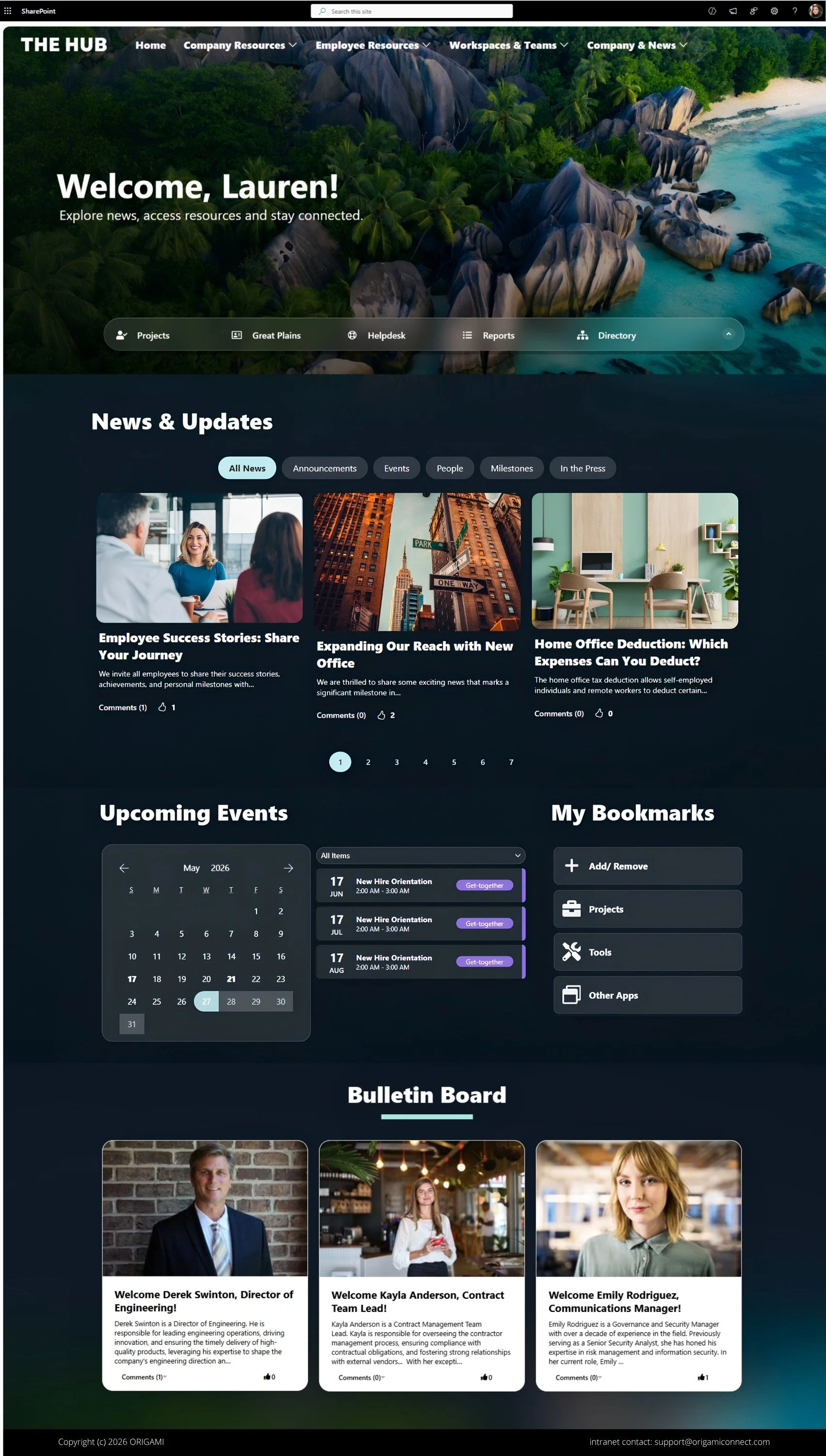 Immersive dark mode SharePoint intranet homepage template for Microsoft 365 featuring company news, events calendar, employee bookmarks, bulletin board.
