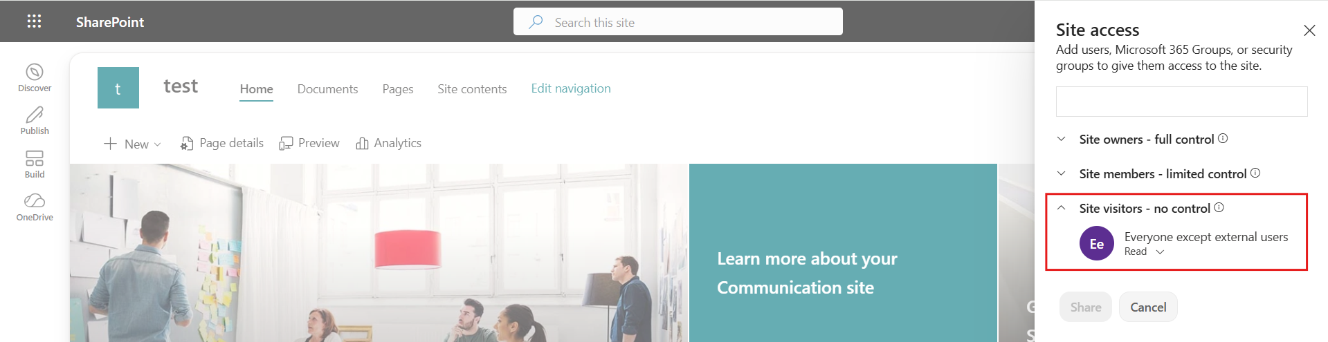 SharePoint intranet site permissions showing read access for employees