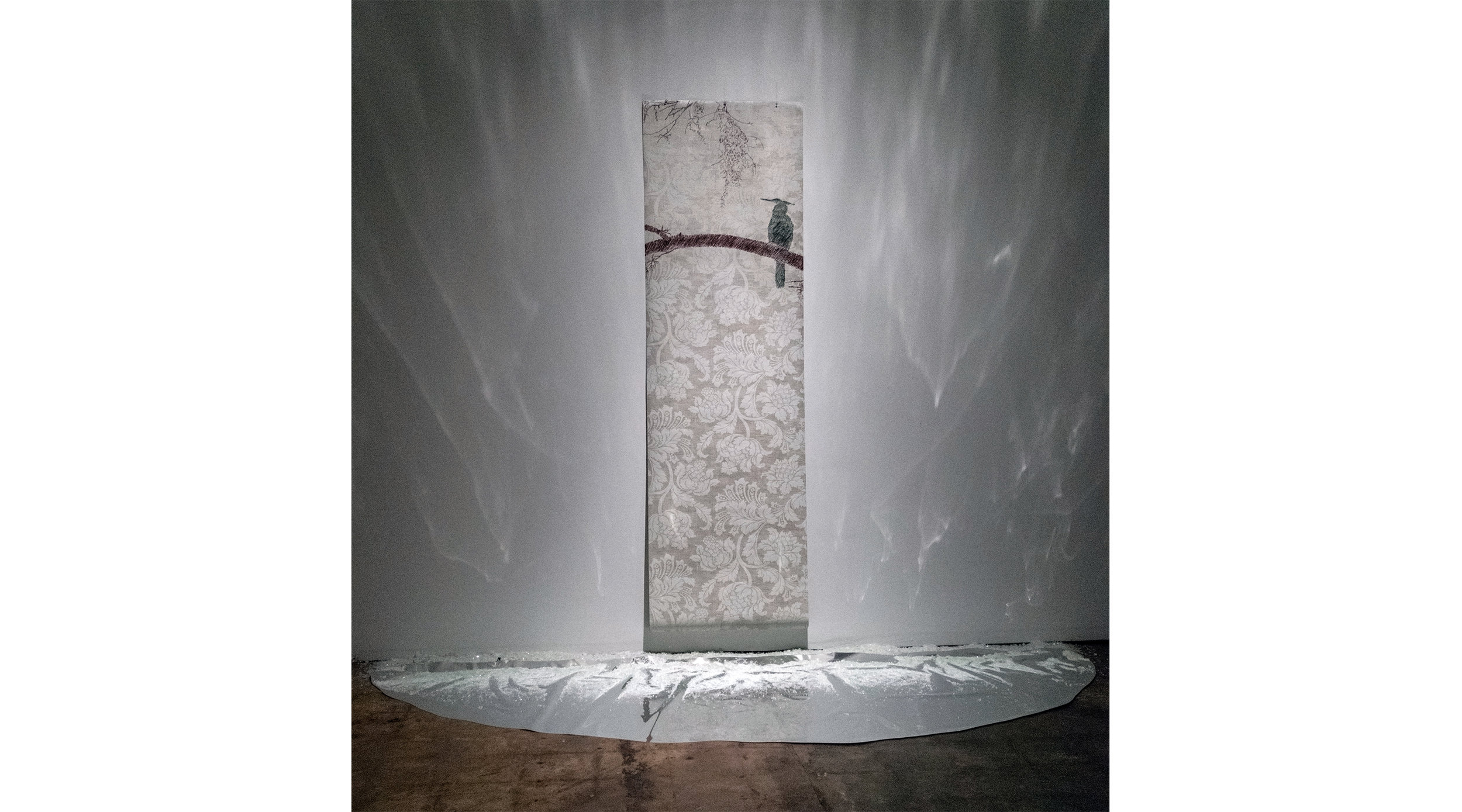 Ode of the Anhinga 2015 Wall Paper, conte, mylar, crushed bottle glass 96” x 96” x 24”