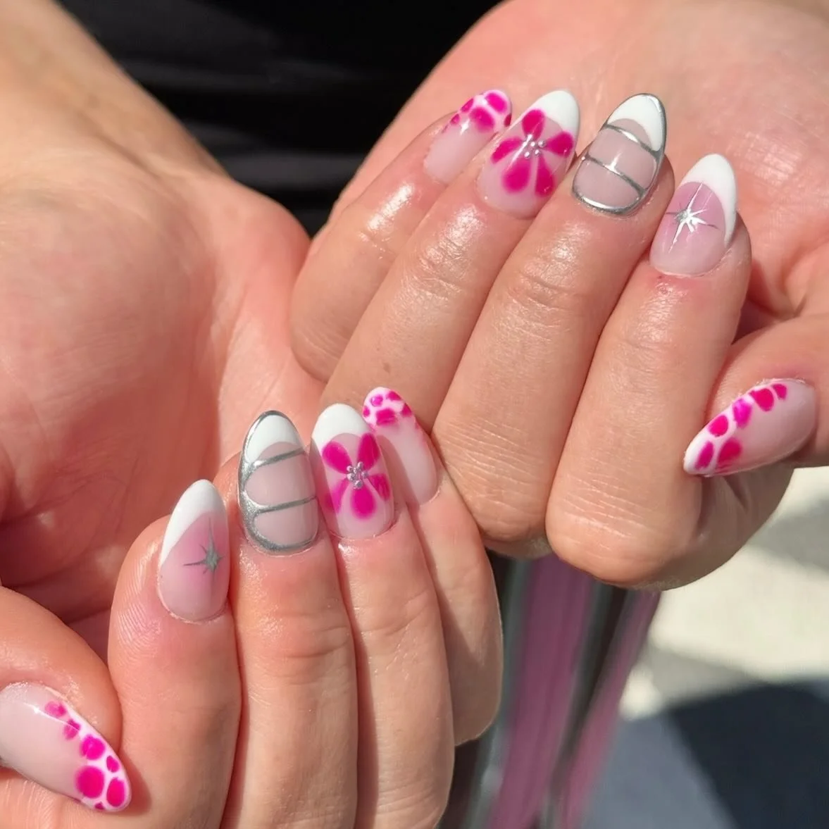 Trying to remember a time it wasn’t overcast… 
💅🏼OMY Nail Artist • @omyabi96 
✨Polish • @the_gelbottle_inc 
🧈Cuticle Butter • @omyetc 
🌟Inspiration • 🌸💕💖🌺
#omynails #omyetc #nailart #biab #infills #scratchma