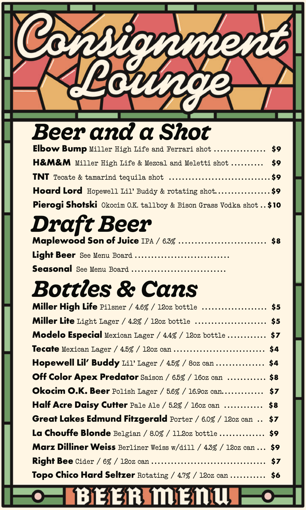 Menu for Consignment Lounge featuring beer options including shots, draft beers, bottled and canned beers with various brands and alcohol percentages.
