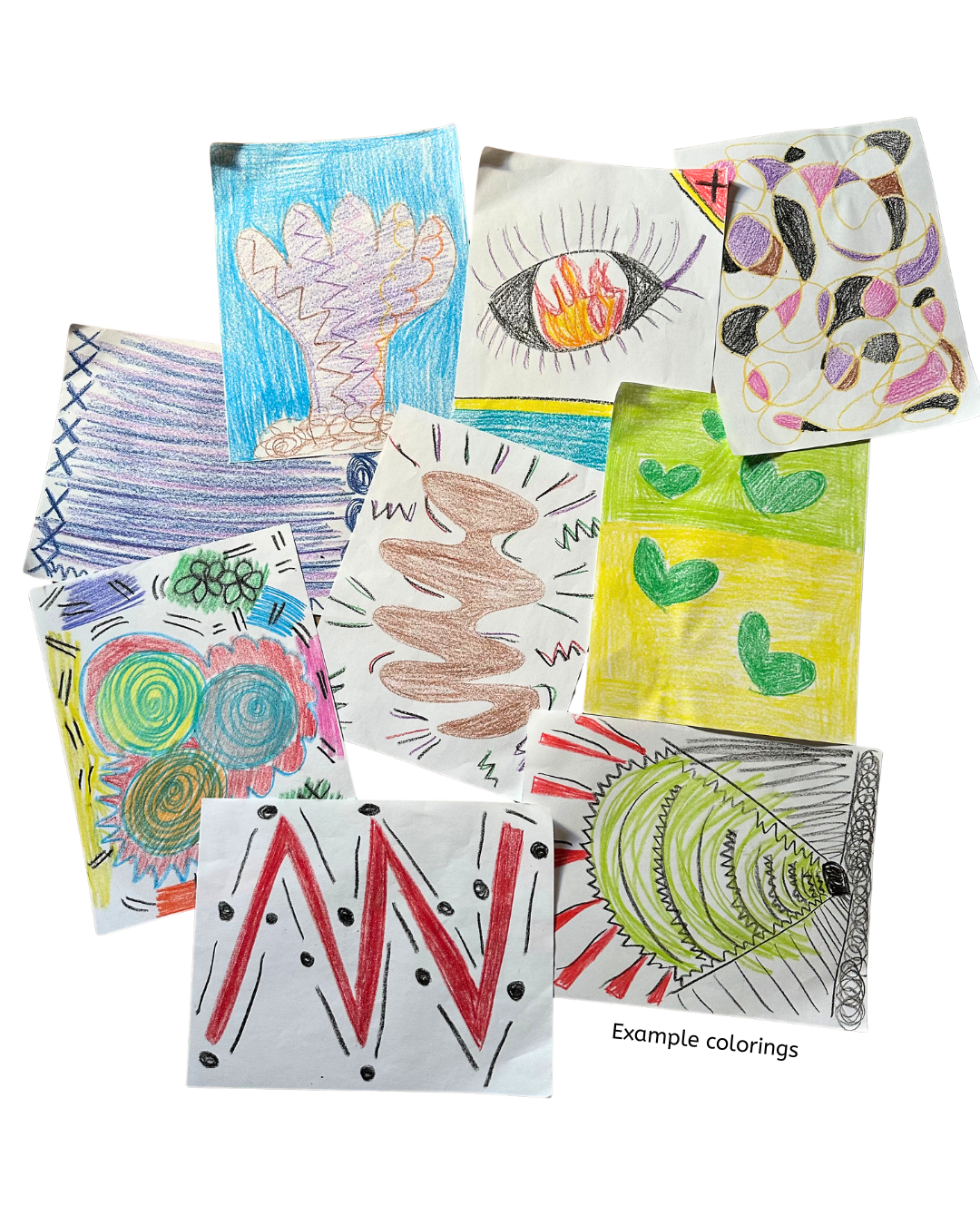 Collection of colorful hand-drawn artwork including hearts, eyes, spirals, and abstract patterns on various pieces of paper.